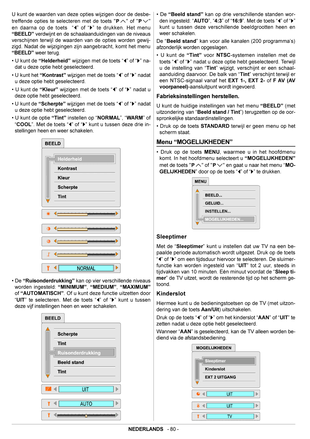 JVC AV28BH7EPB, AV28BH7EPS manual Menu Mogelijkheden, Fabrieksinstellingen herstellen, Sleeptimer, Kinderslot 