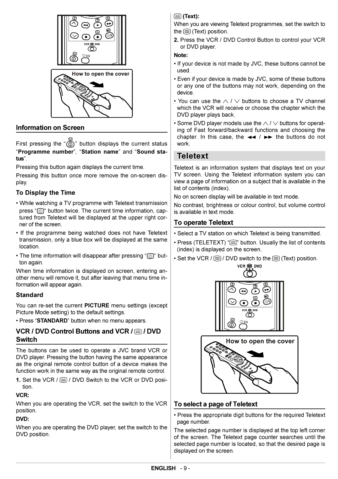 JVC AV28BT70EN manual Teletext, Information on Screen, VCR / DVD Control Buttons and VCR / / DVD Switch, Standard 