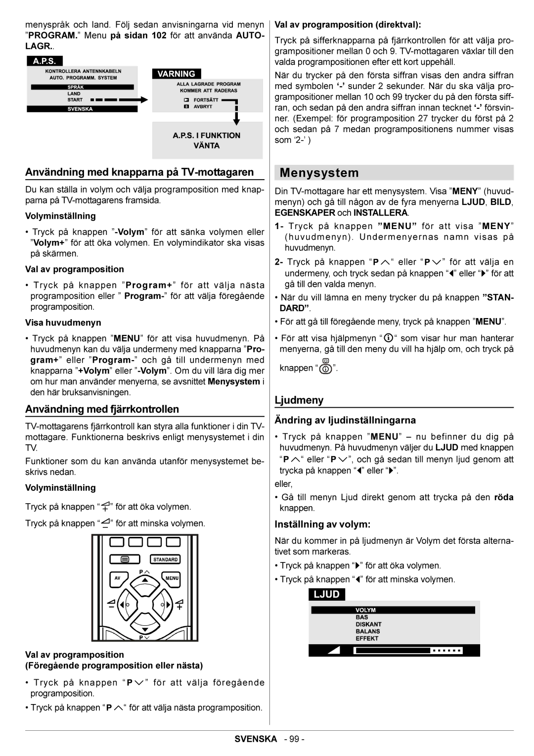 JVC AV28BT70EN manual Menysystem, Användning med knapparna på TV-mottagaren, Användning med fjärrkontrollen, Ljudmeny 