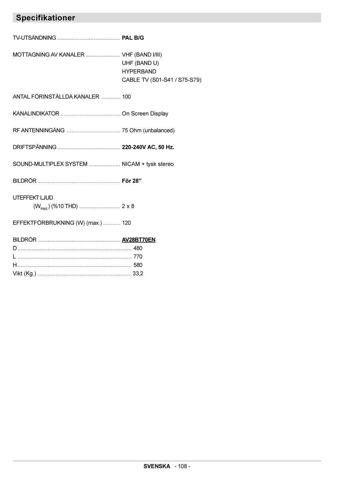 JVC AV28BT70EN manual Specifikationer, Uteffekt Ljud 