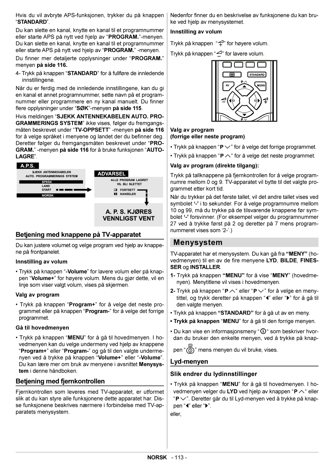 JVC AV28BT70EN manual Betjening med knappene på TV-apparatet, Betjening med fjernkontrollen, Lyd-menyen 