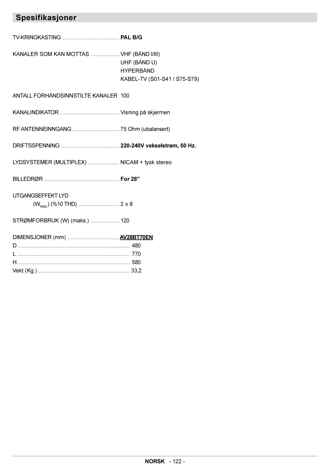 JVC AV28BT70EN manual Spesifikasjoner 