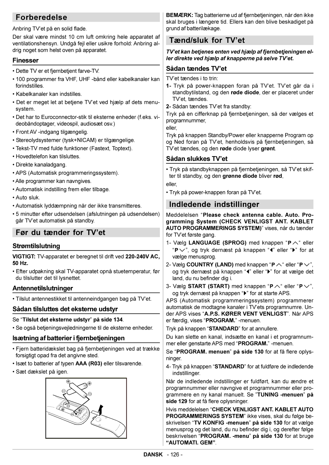 JVC AV28BT70EN manual Forberedelse, Før du tænder for TV’et, Tænd/sluk for TV’et, Indledende indstillinger 