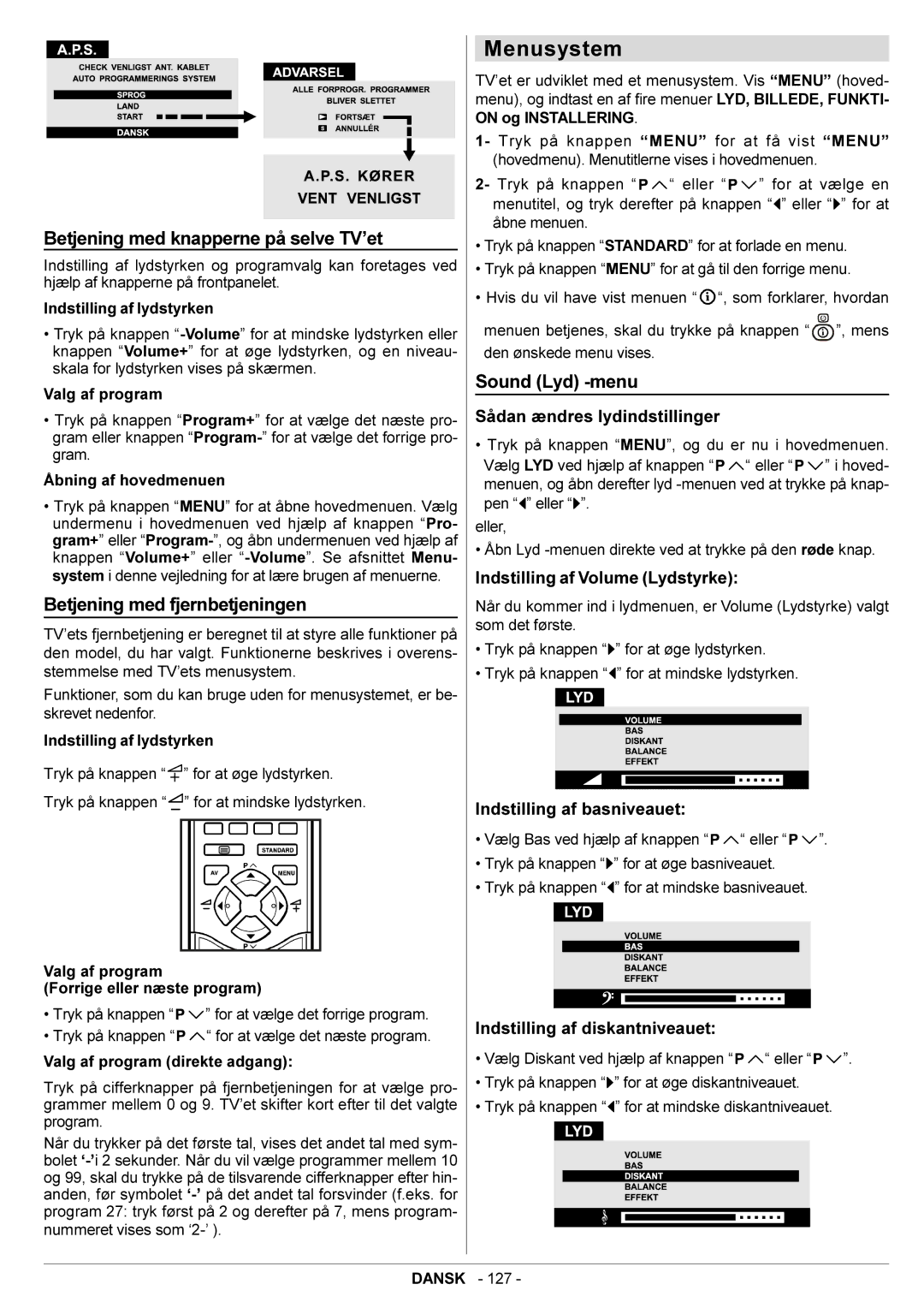 JVC AV28BT70EN manual Menusystem, Betjening med knapperne på selve TV’et, Betjening med fjernbetjeningen, Sound Lyd -menu 