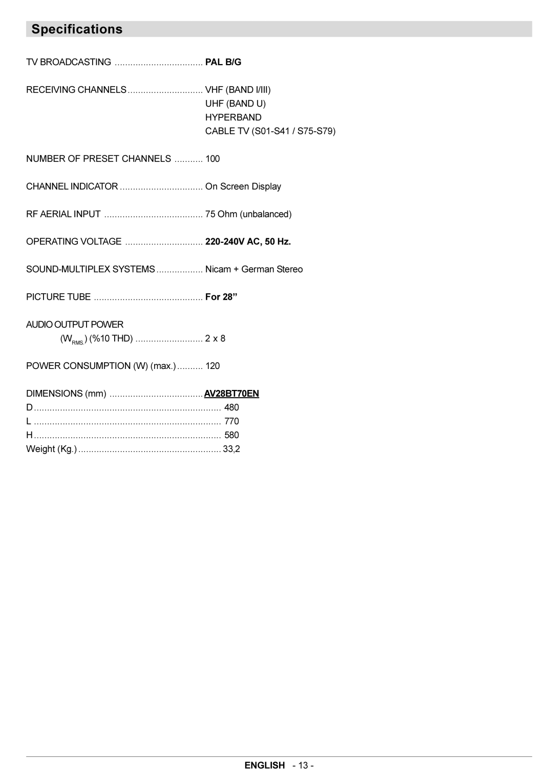 JVC AV28BT70EN manual Specifications 