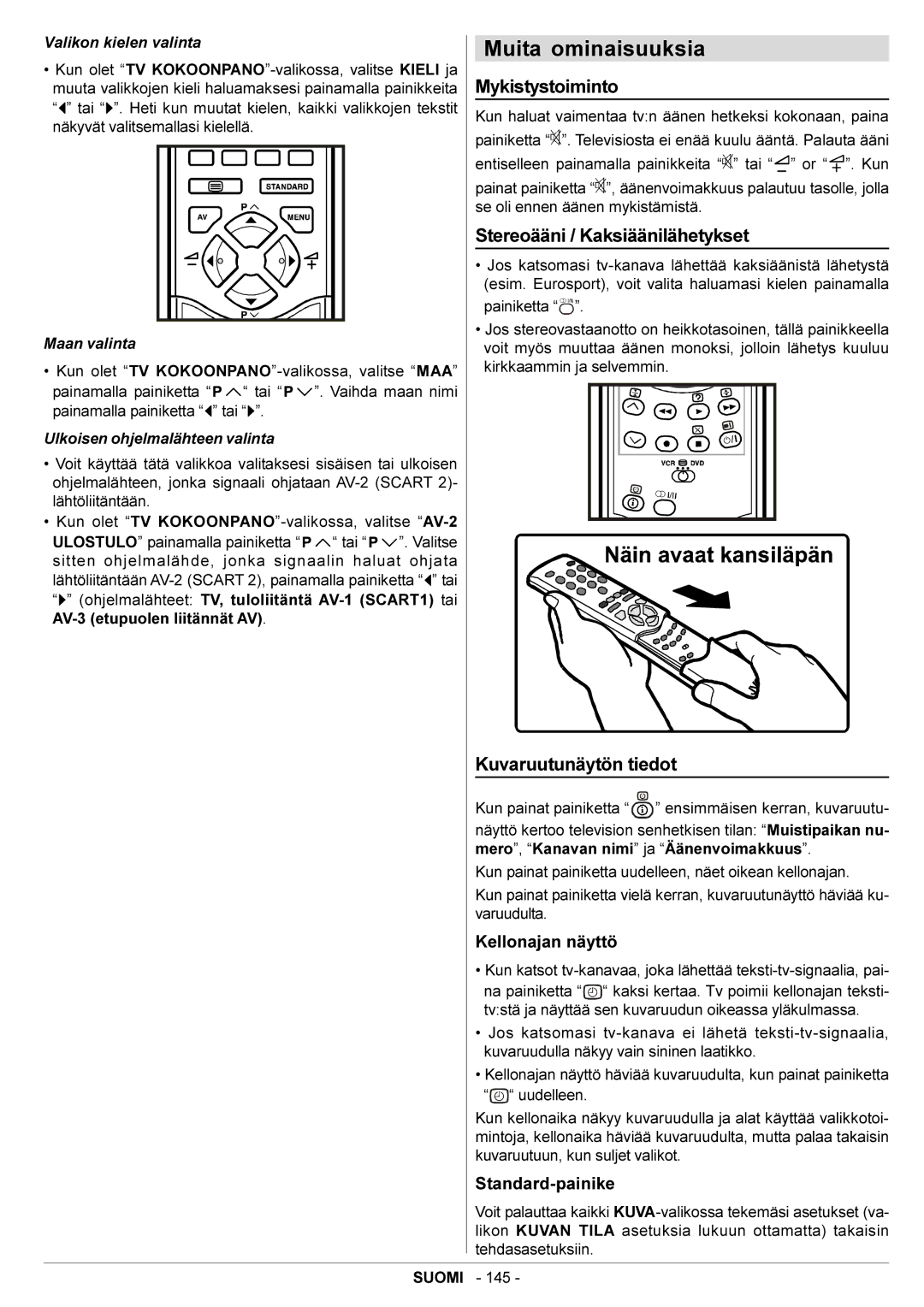 JVC AV28BT70EN manual Kuvaruutunäytön tiedot, Kellonajan näyttö, Standard-painike 