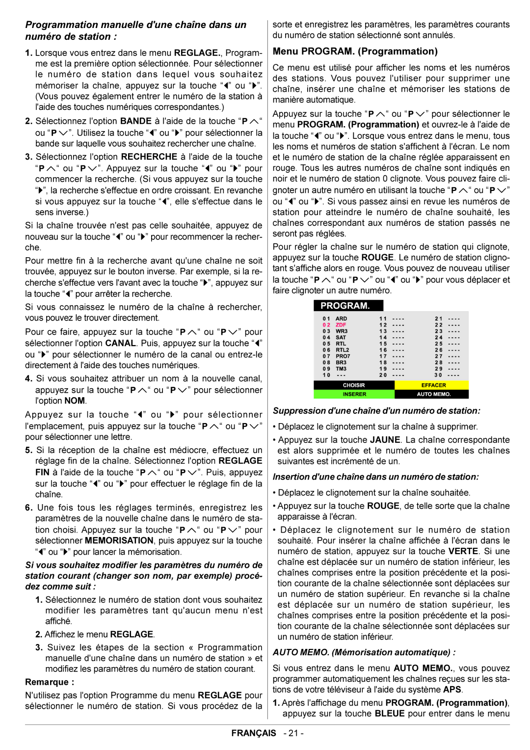 JVC AV28BT70EN manual Menu PROGRAM. Programmation 