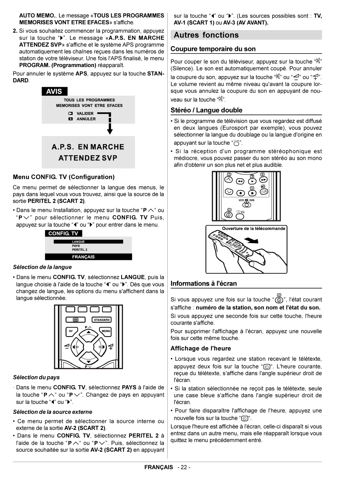 JVC AV28BT70EN manual Autres fonctions, Coupure temporaire du son, Stéréo / Langue double, Informations à lécran 