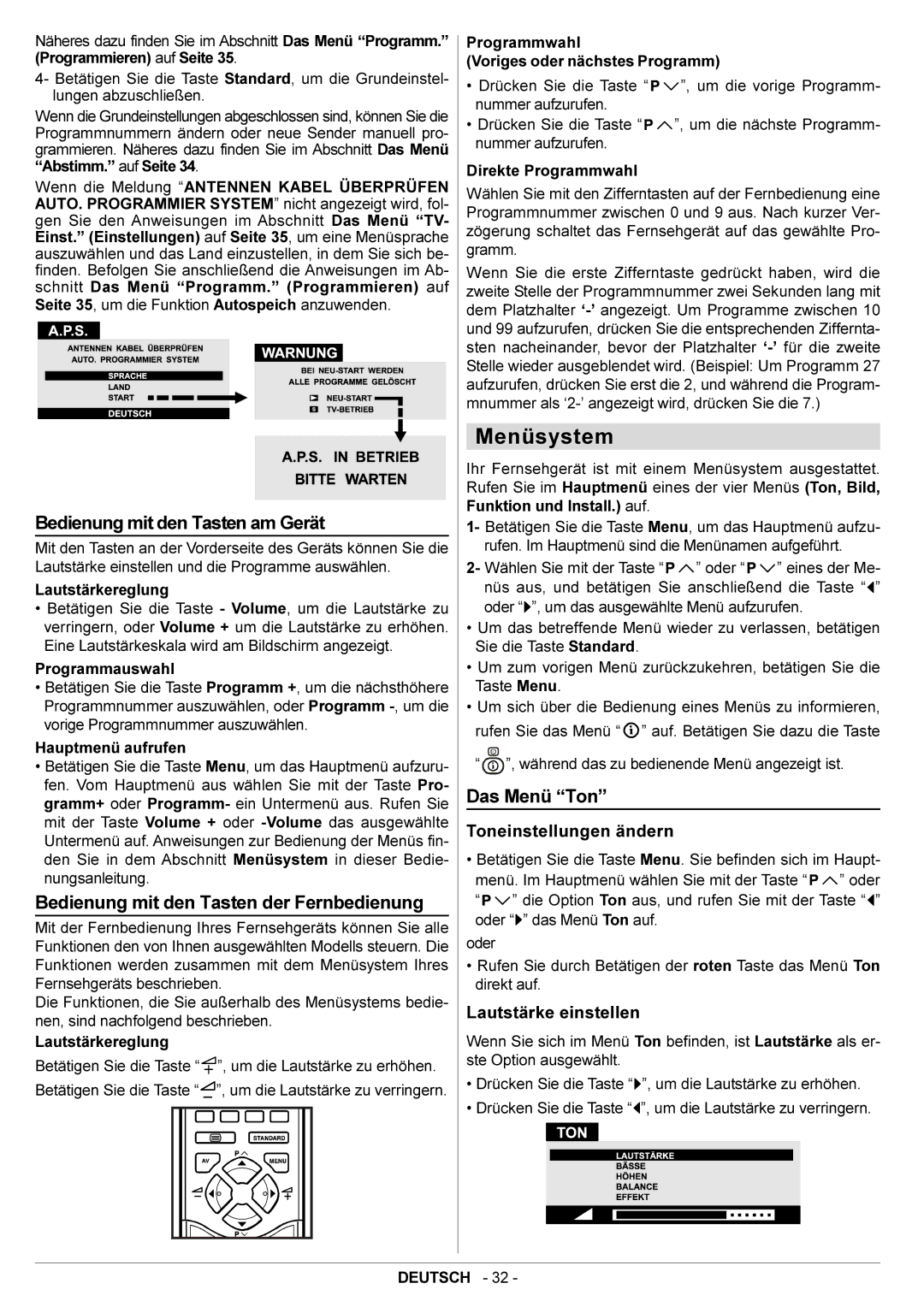 JVC AV28BT70EN Menüsystem, Bedienung mit den Tasten am Gerät, Bedienung mit den Tasten der Fernbedienung, Das Menü Ton 