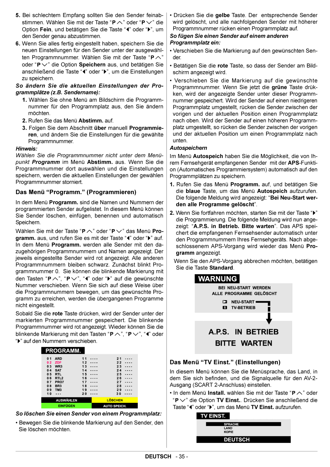 JVC AV28BT70EN manual Das Menü Programm. Programmieren, Das Menü TV Einst. Einstellungen, Autospeichern 