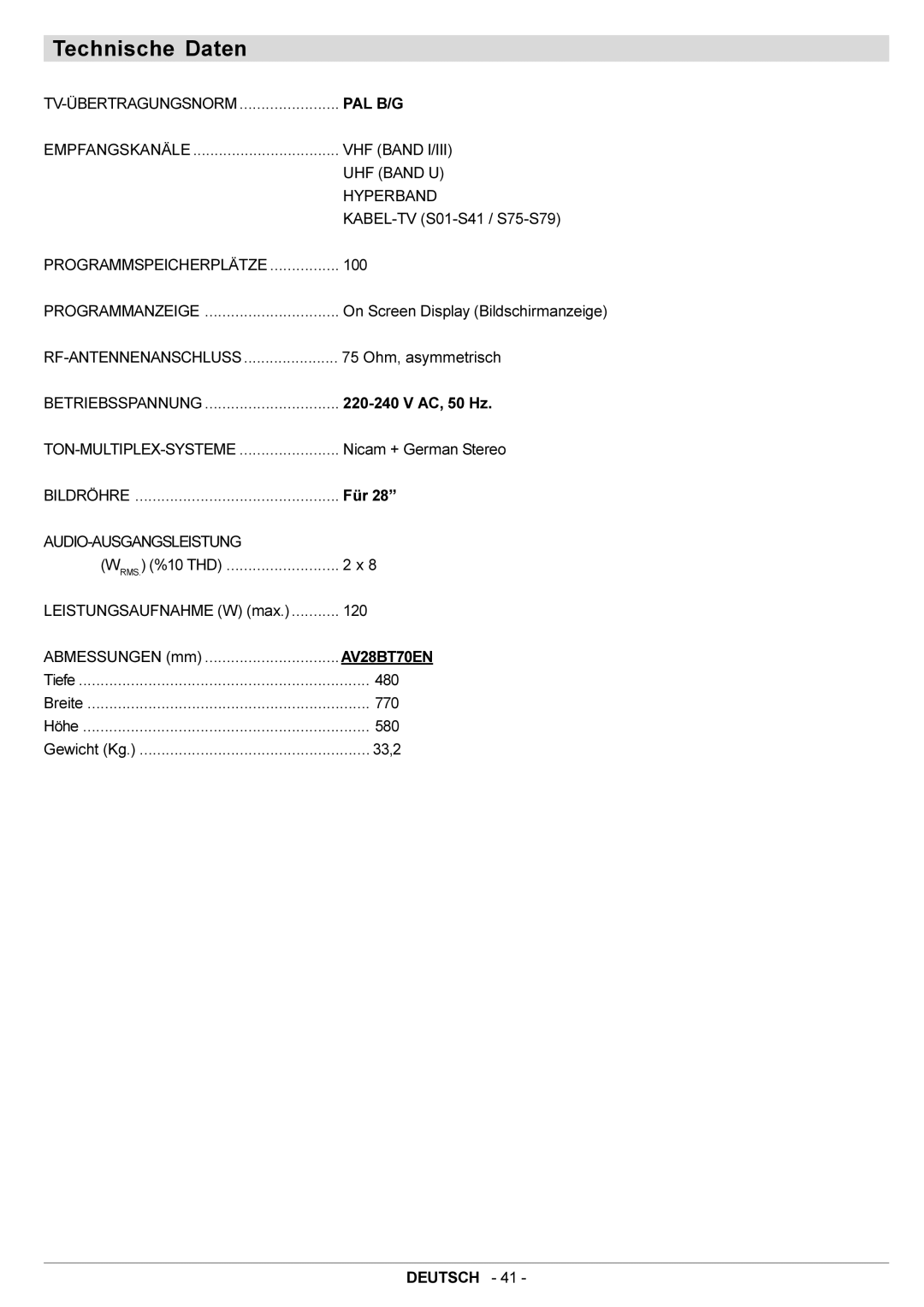 JVC AV28BT70EN manual Technische Daten, Audio-Ausgangsleistung 