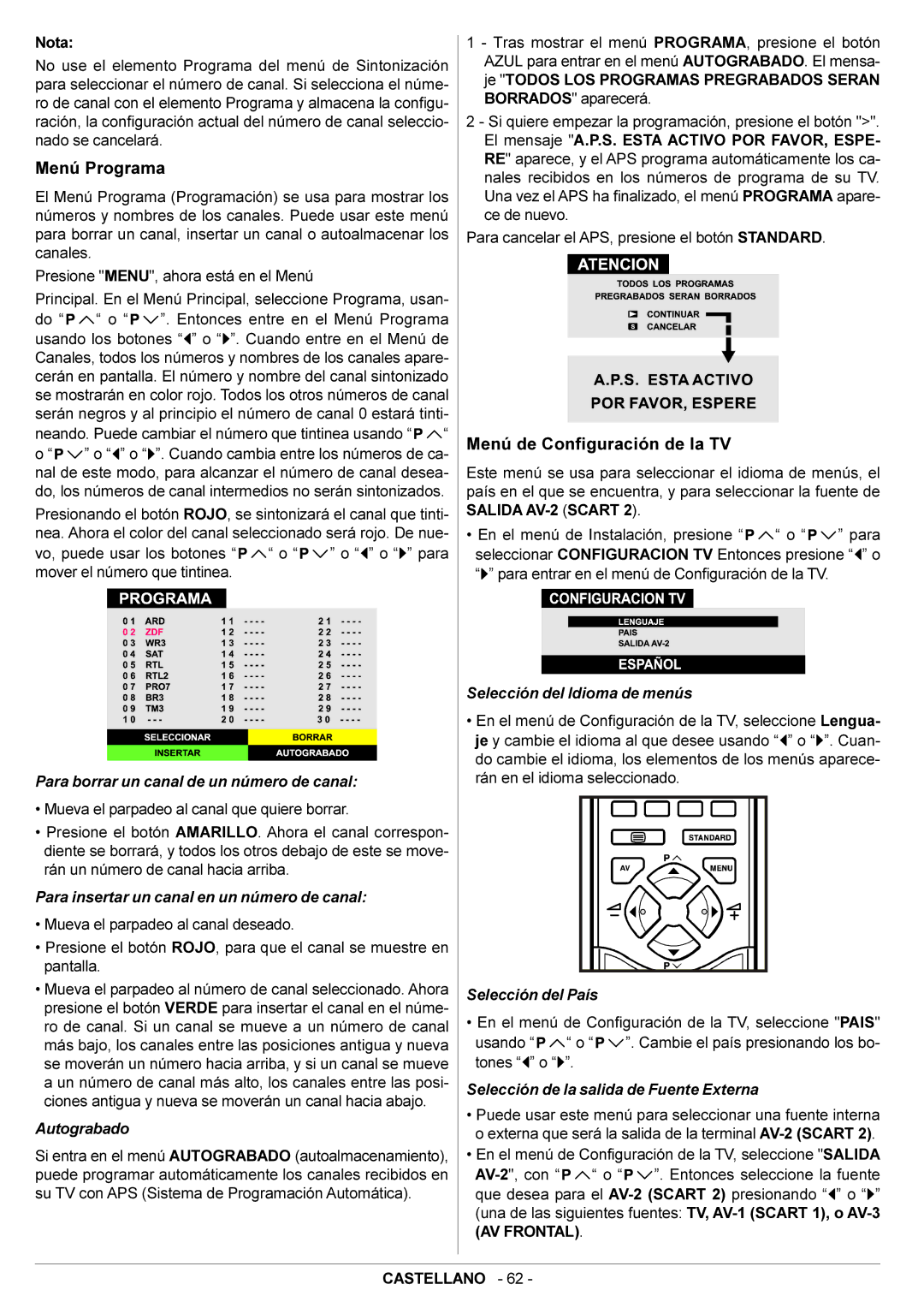 JVC AV28BT70EN manual Menú Programa, Menú de Configuración de la TV 