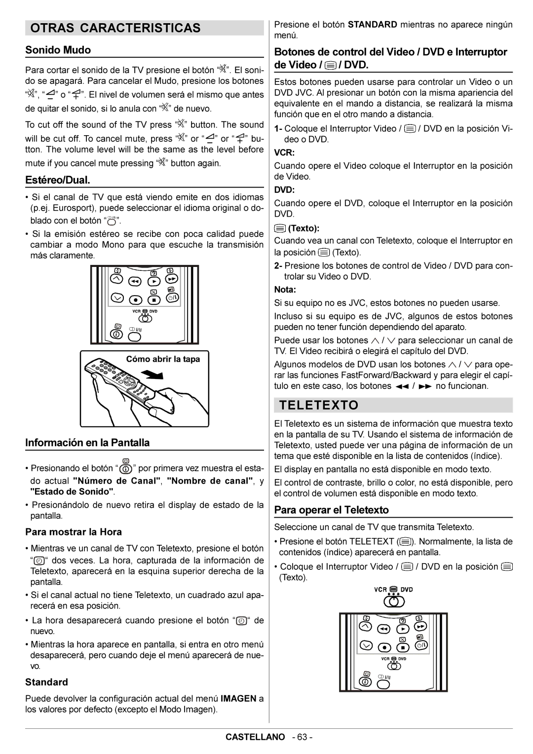 JVC AV28BT70EN manual Otras Caracteristicas, Teletexto 