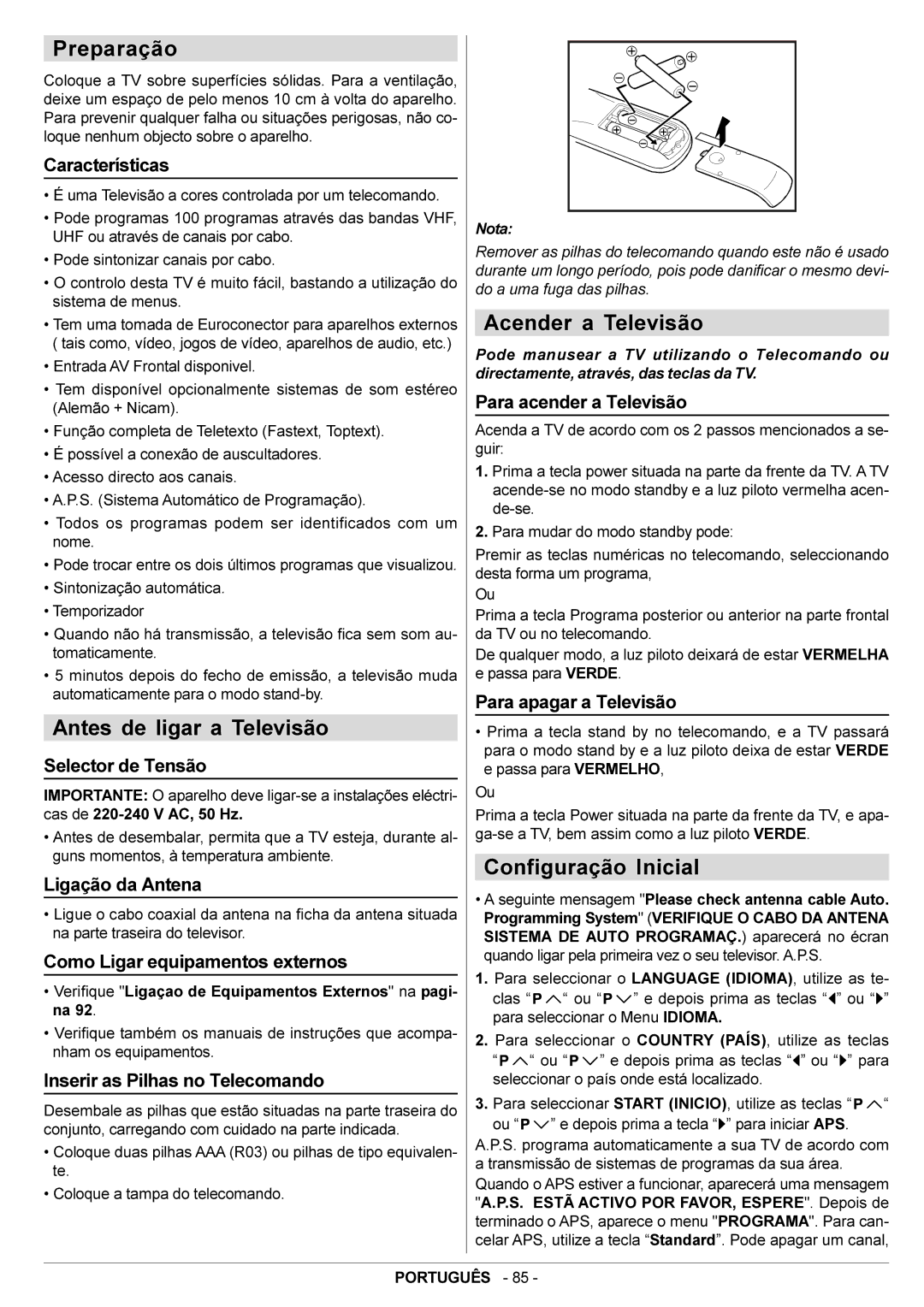 JVC AV28BT70EN manual Preparação, Antes de ligar a Televisão, Acender a Televisão, Configuração Inicial 