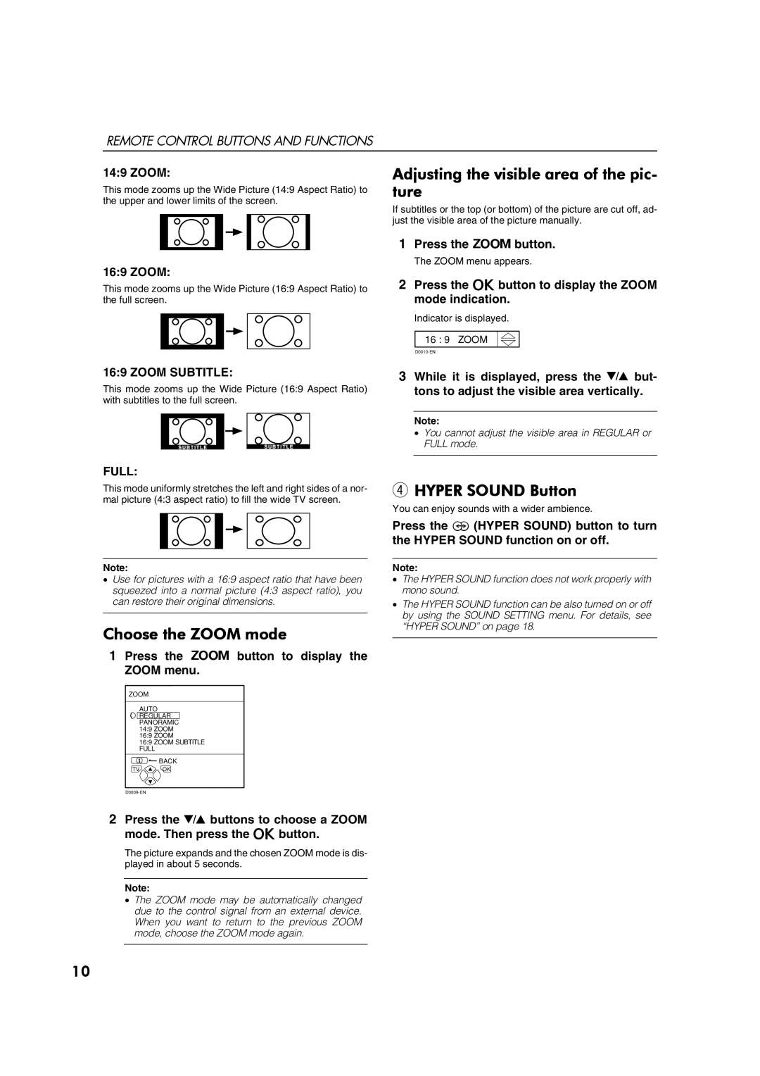 JVC AV28CH1EU manual Adjusting the visible area of the pic- ture, Choose the Zoom mode, Hyper Sound Button 