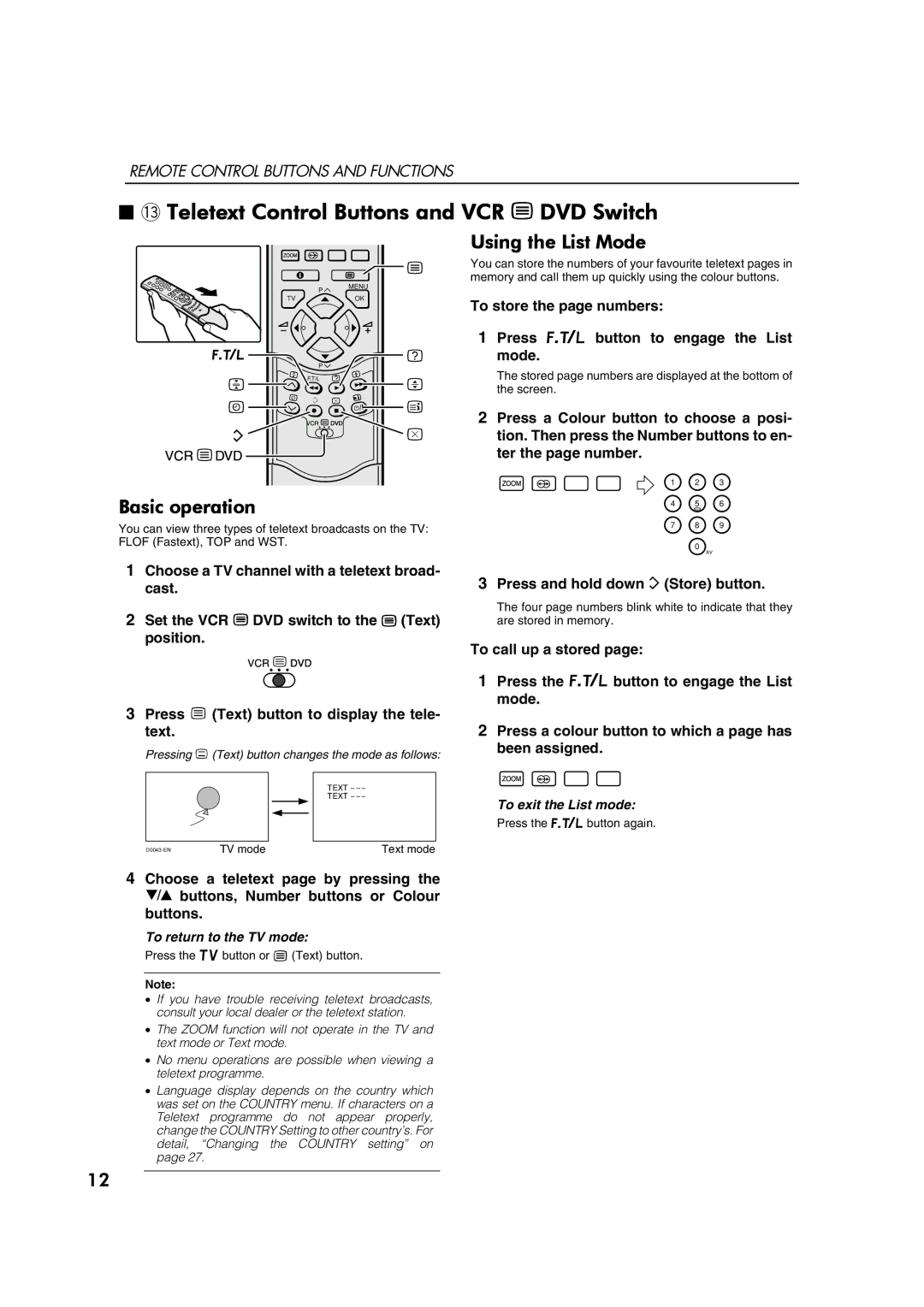 JVC AV28CH1EU manual ~ Teletext Control Buttons and VCR P DVD Switch, Using the List Mode, Basic operation 