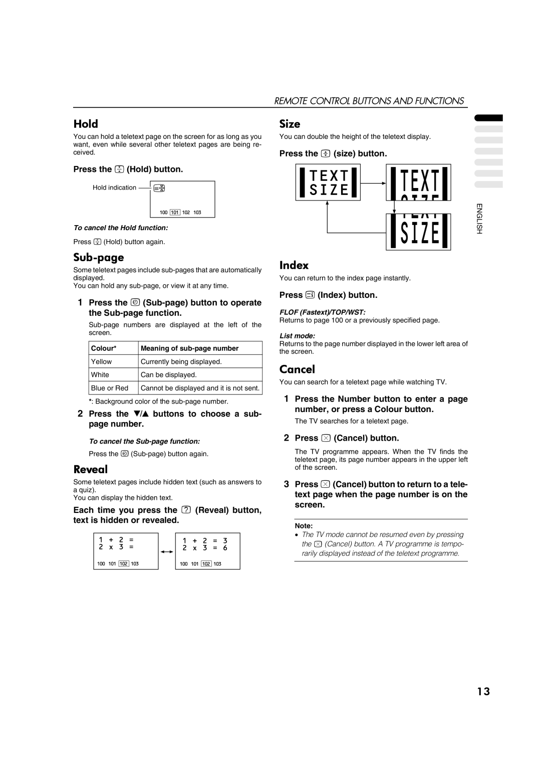 JVC AV28CH1EU manual Hold, Size, Sub-page, Reveal, Index, Cancel 