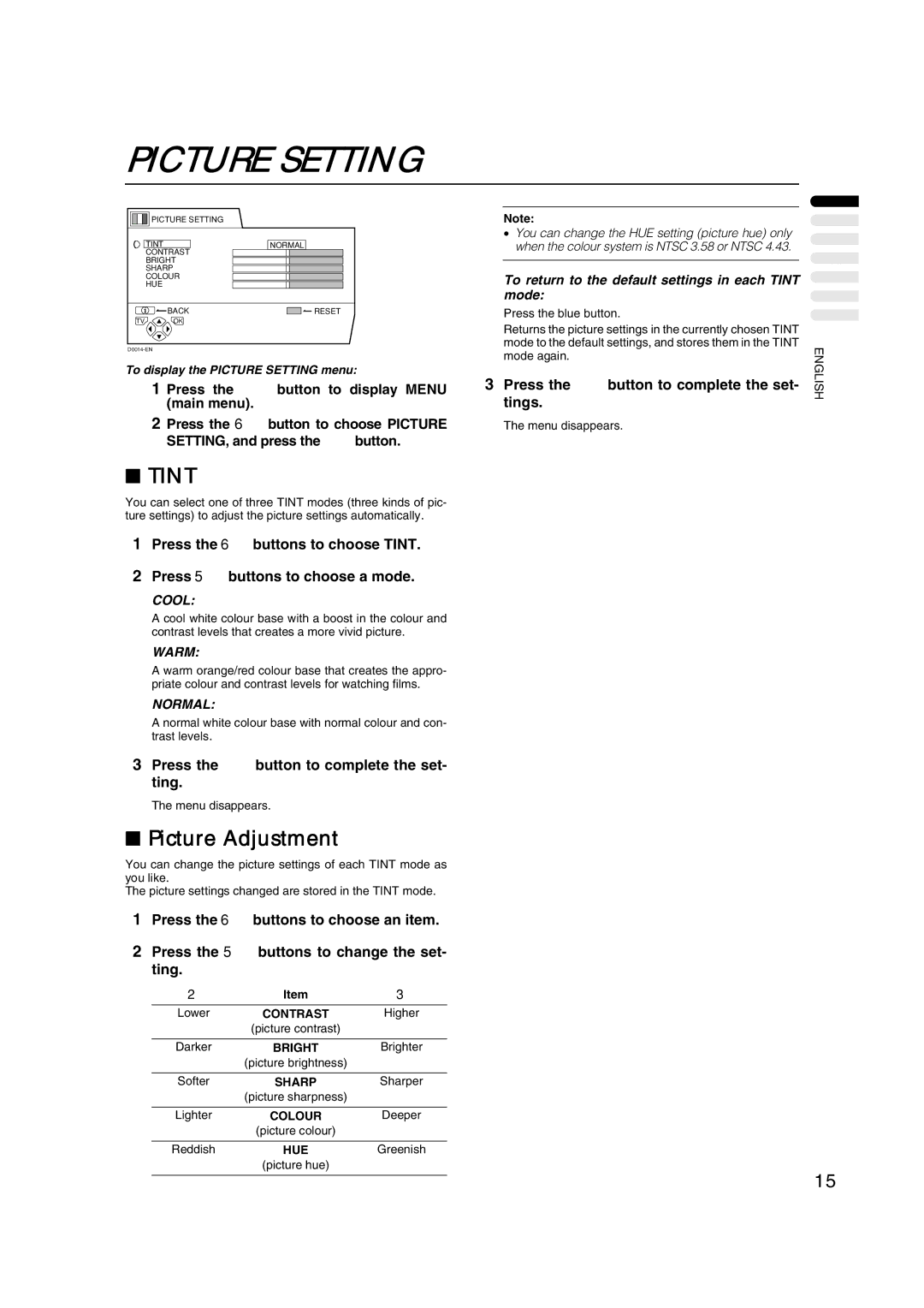 JVC AV28CH1EU manual Picture Setting, Tint, Picture Adjustment, Press the a button to complete the set- tings 