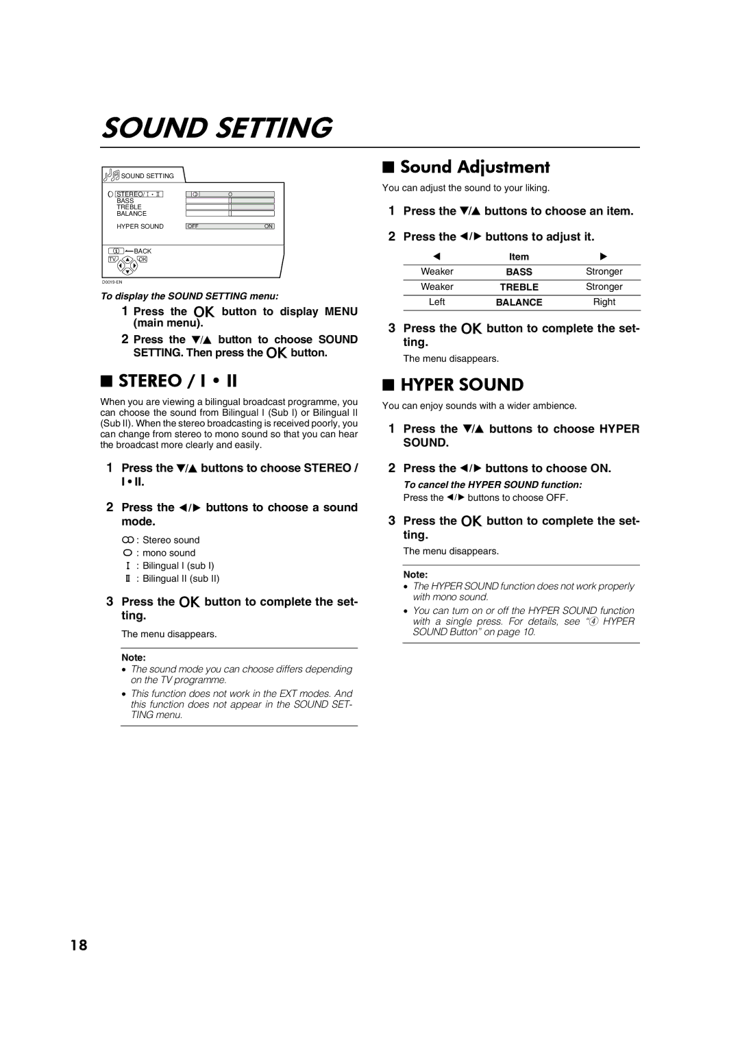 JVC AV28CH1EU manual Sound Setting, Stereo / I, Sound Adjustment, Hyper Sound 