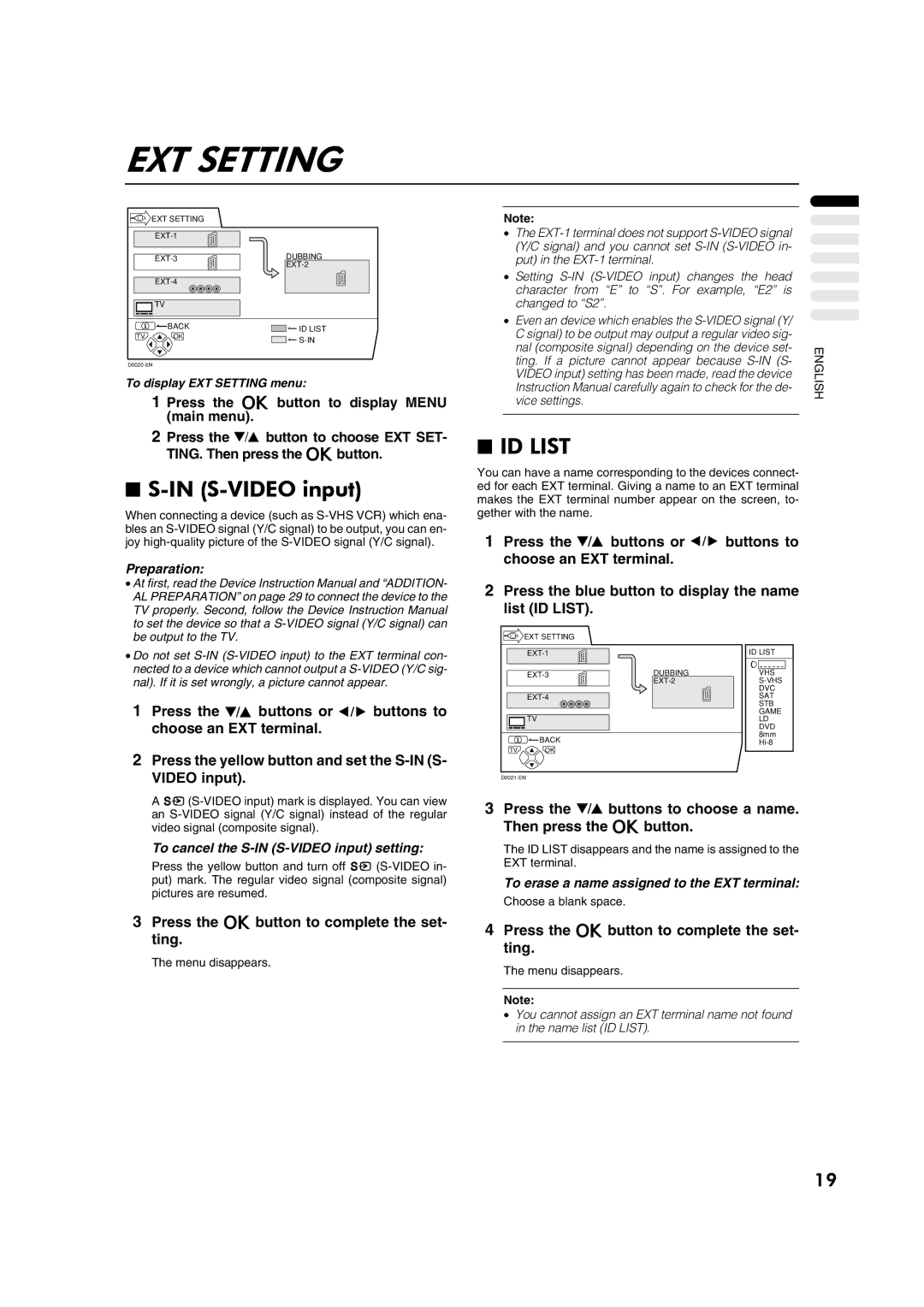 JVC AV28CH1EU manual EXT Setting, S-VIDEO input, ID List 