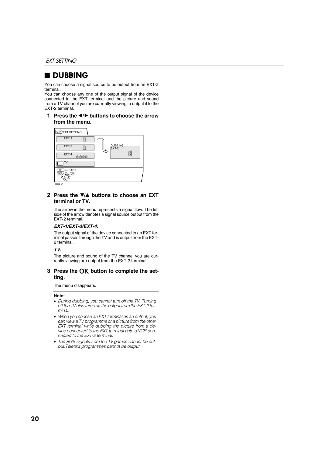 JVC AV28CH1EU manual Dubbing, Press the 5 buttons to choose the arrow from the menu, EXT-1/EXT-3/EXT-4 