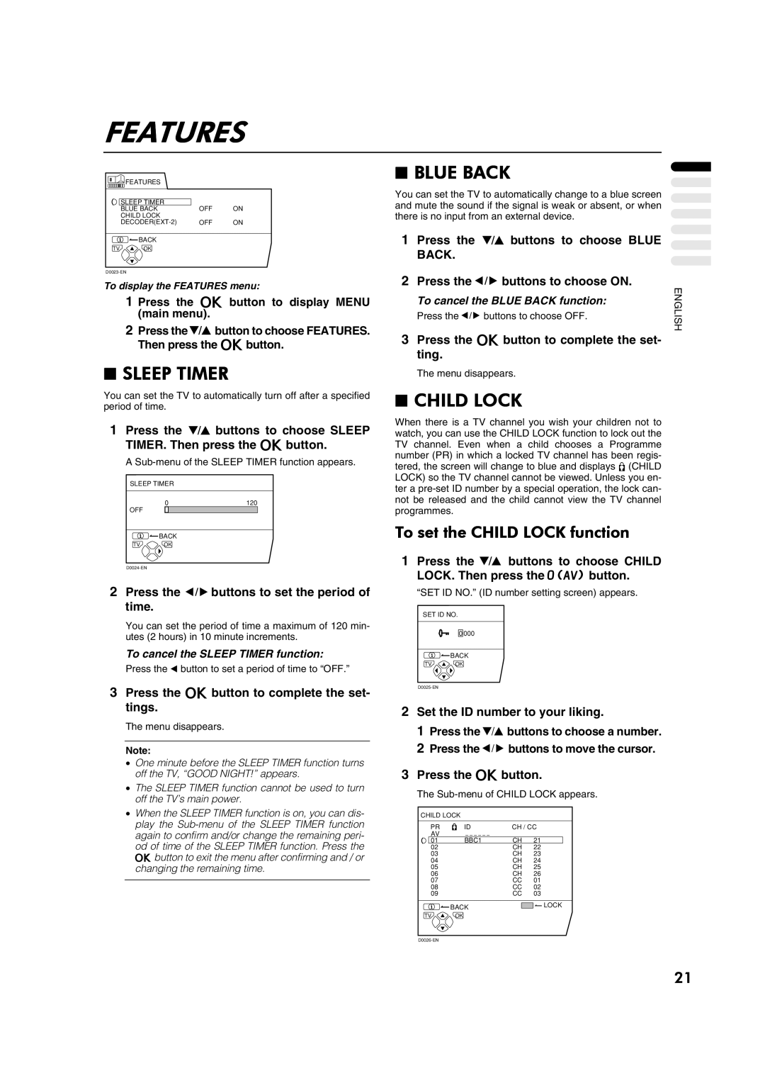 JVC AV28CH1EU manual Features, Blue Back, Sleep Timer, To set the Child Lock function 