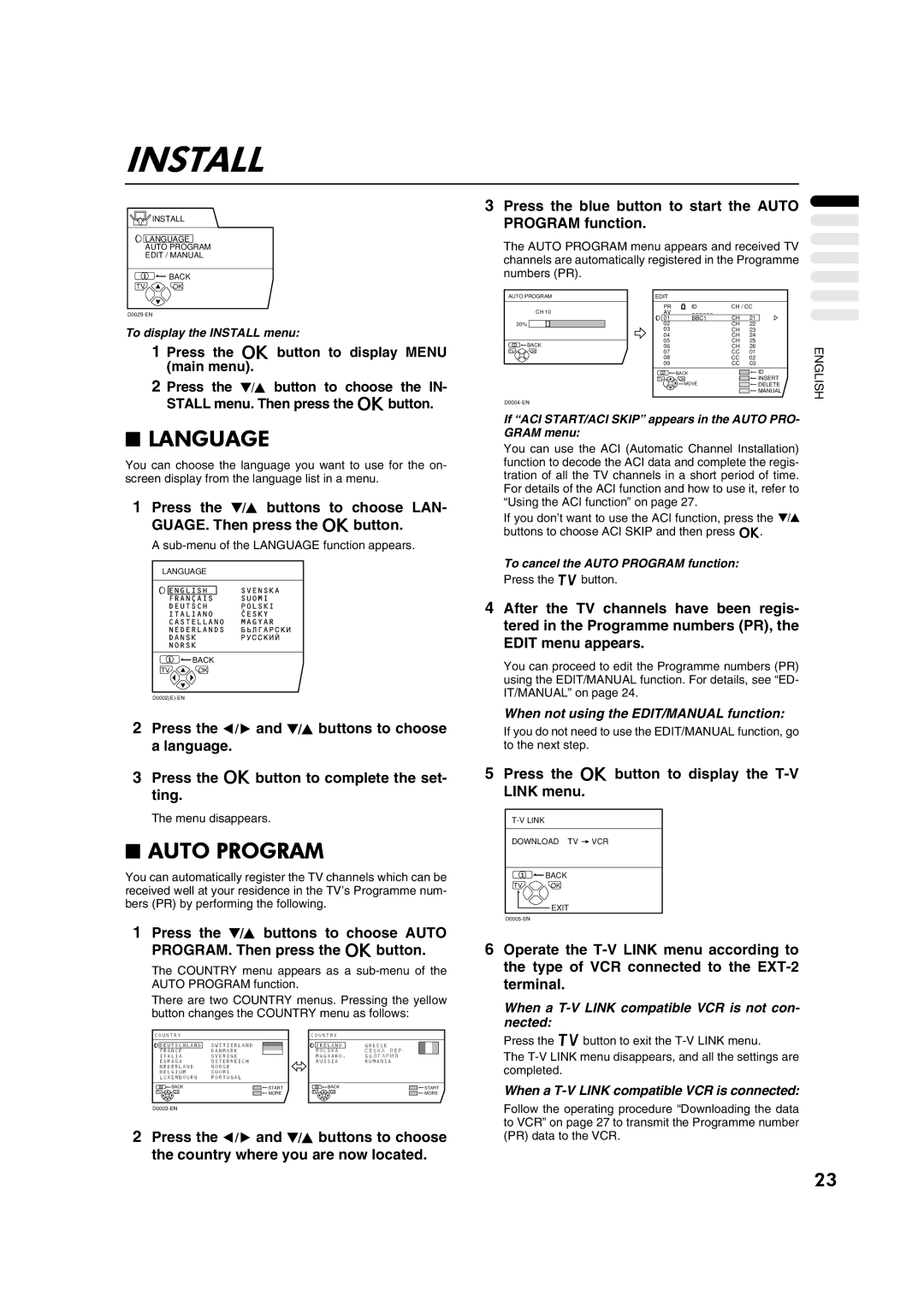 JVC AV28CH1EU manual Install, Language, Auto Program 