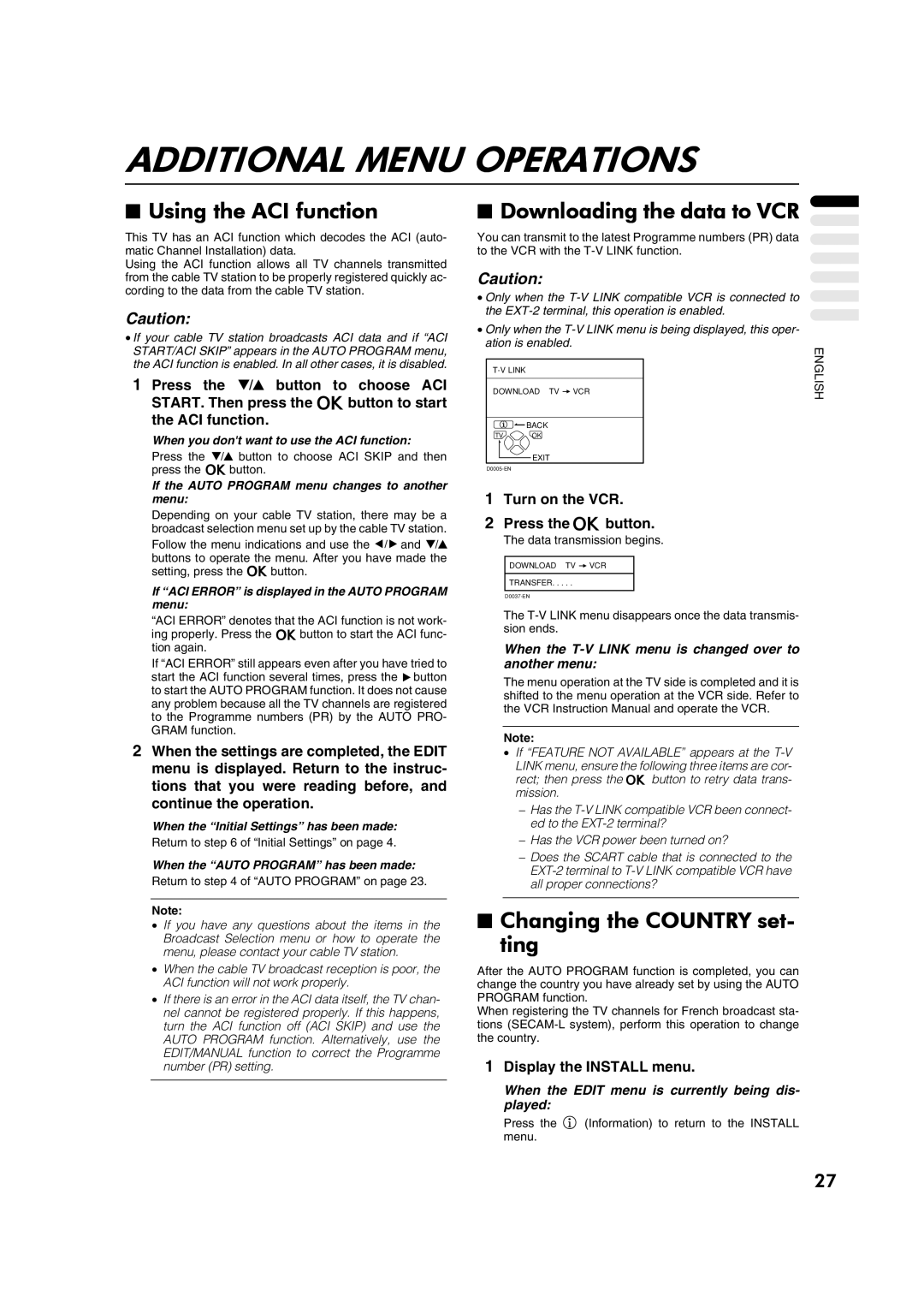 JVC AV28CH1EU manual Additional Menu Operations, Using the ACI function, Downloading the data to VCR 