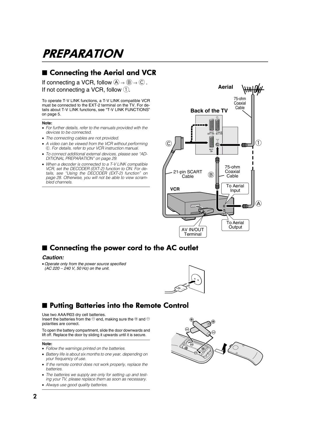 JVC AV28CH1EU manual Preparation, Connecting the Aerial and VCR, Connecting the power cord to the AC outlet 