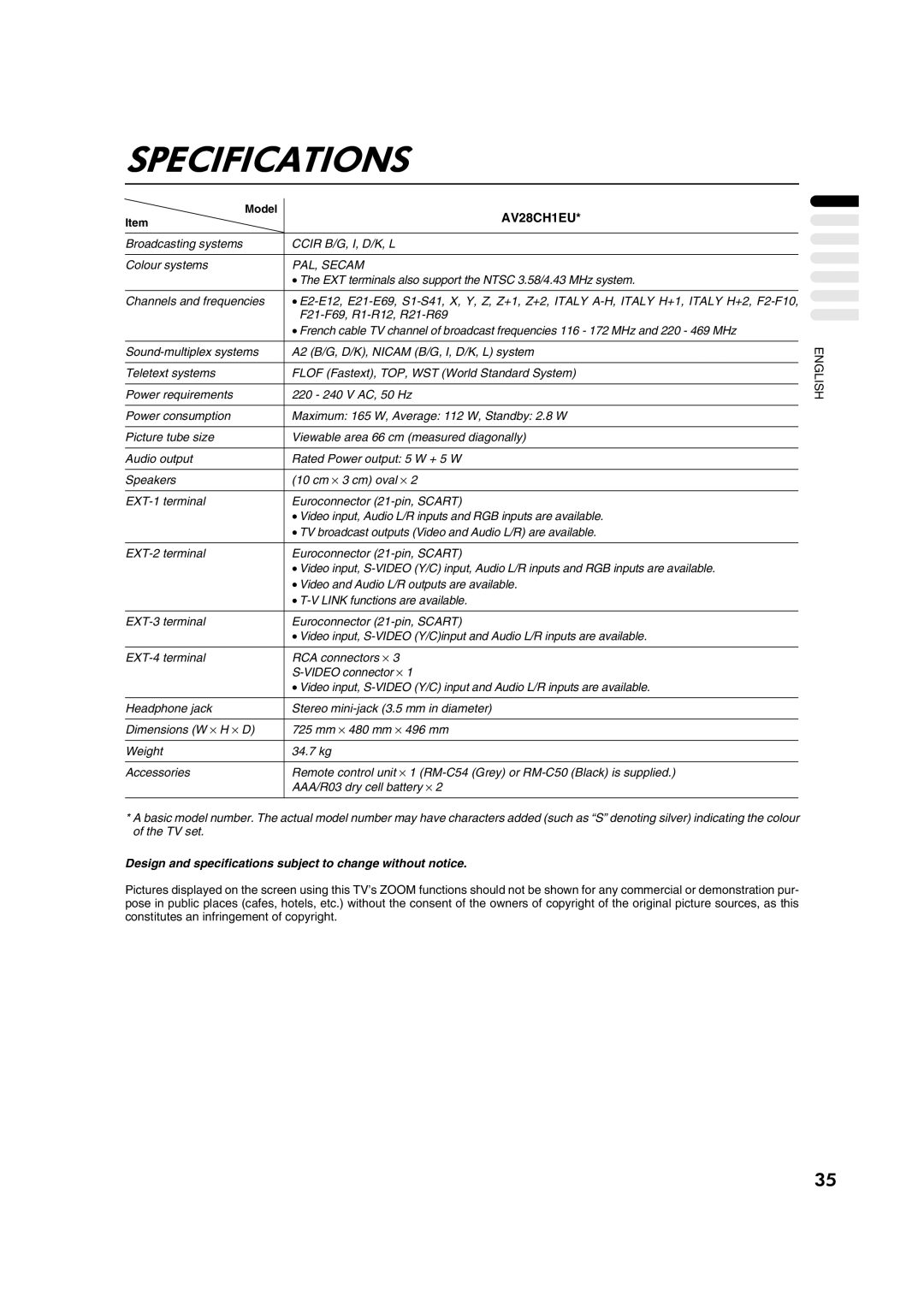 JVC AV28CH1EU manual Specifications, Model, Design and specifications subject to change without notice 