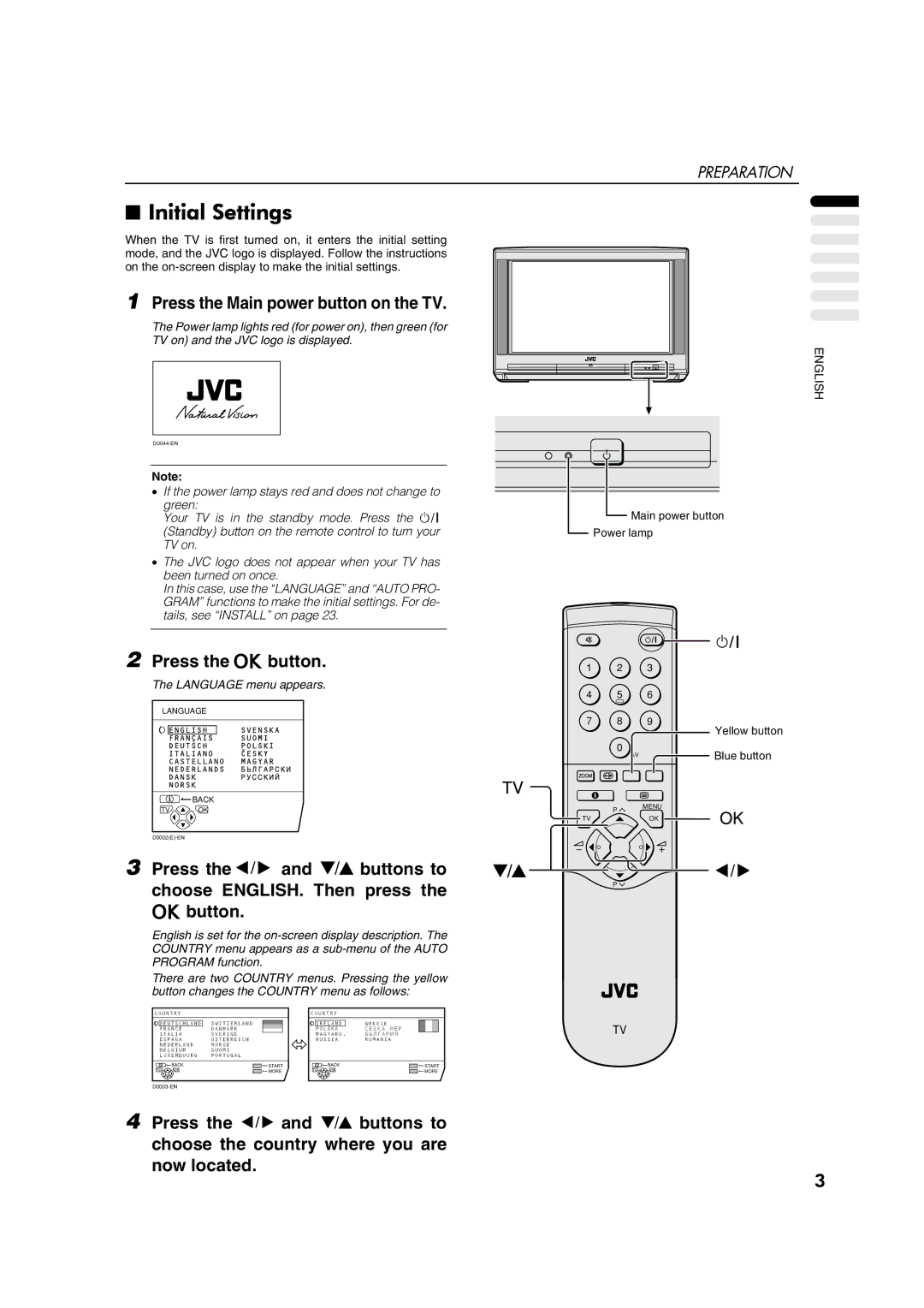 JVC AV28CH1EU manual Initial Settings, Press the Main power button on the TV 