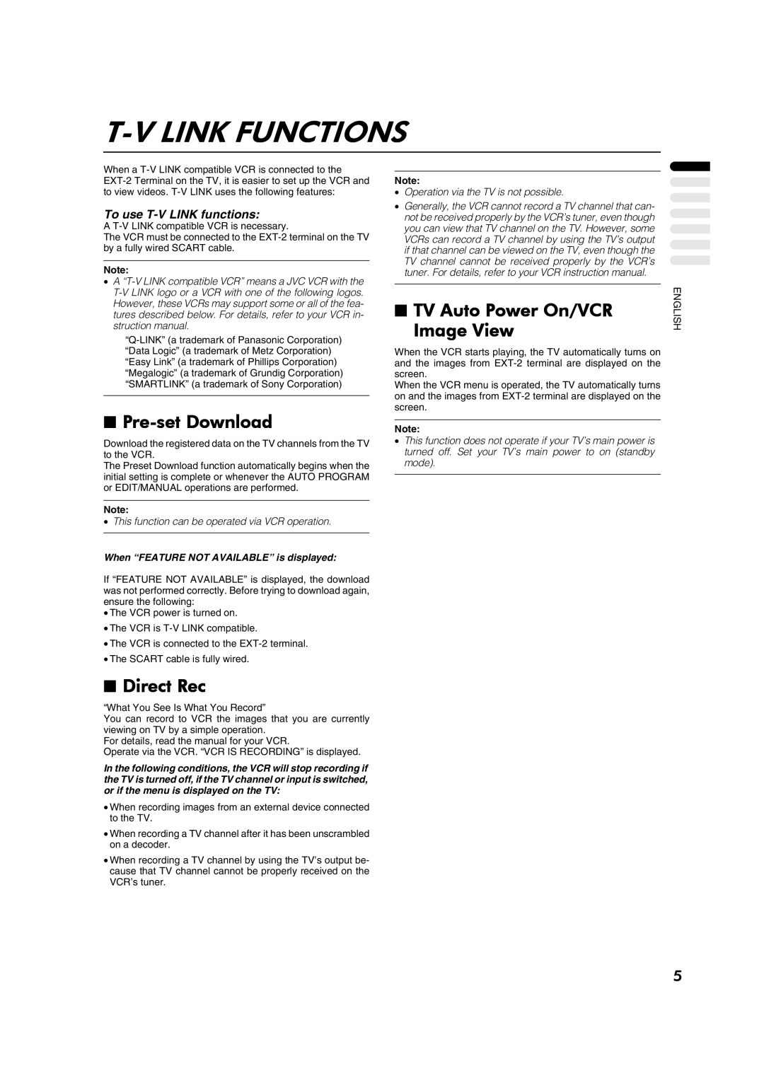 JVC AV28CH1EU manual Link Functions, Pre-set Download, Direct Rec, TV Auto Power On/VCR Image View 