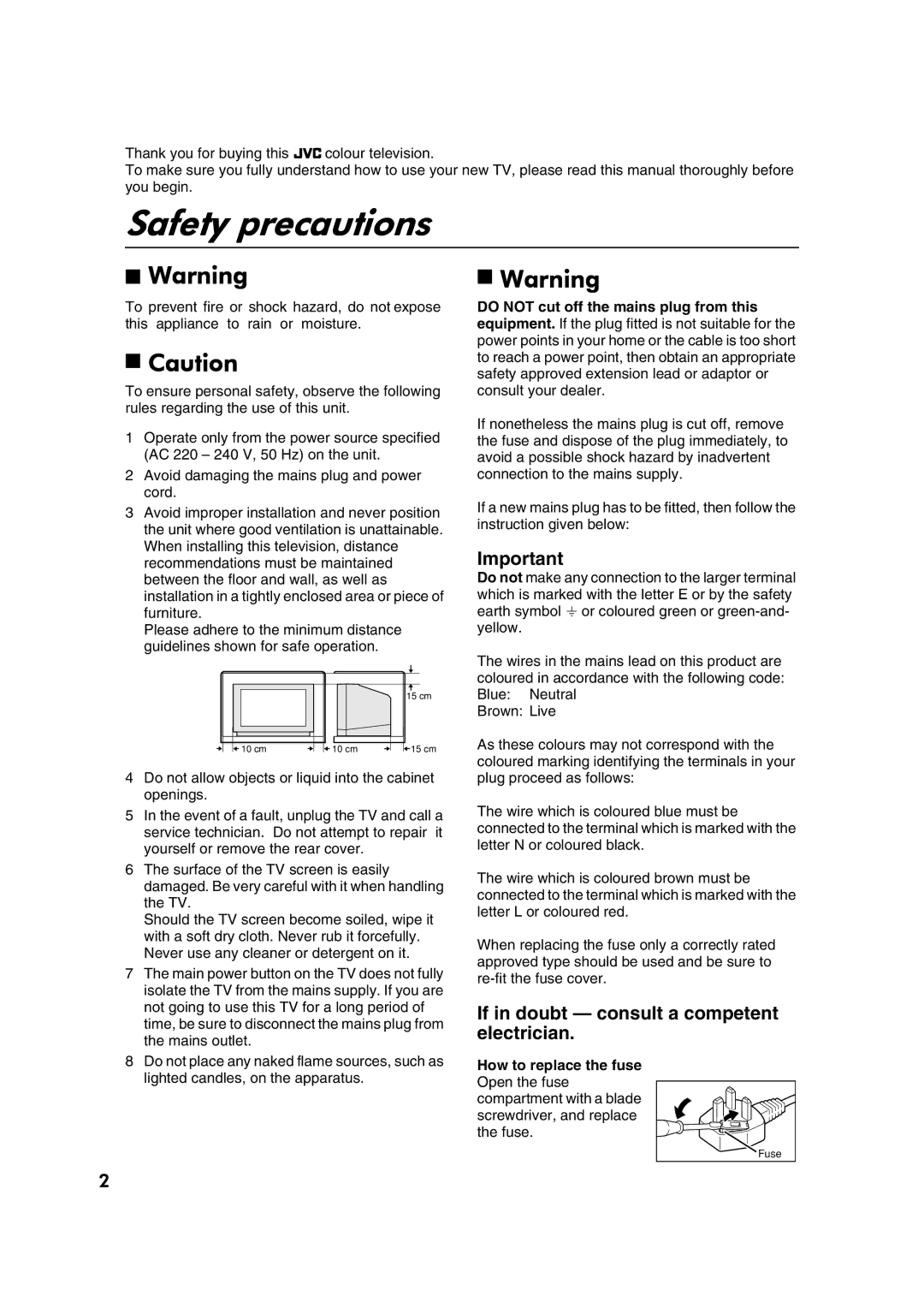 JVC AV28CT1EK, AV28CT1EI specifications Safety precautions, If in doubt consult a competent electrician 