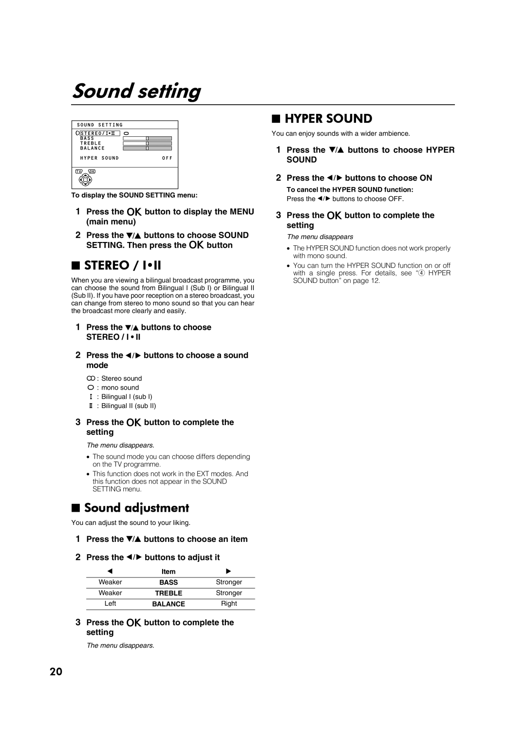 JVC AV28CT1EK, AV28CT1EI specifications Sound setting, Stereo, Sound adjustment, Hyper Sound 