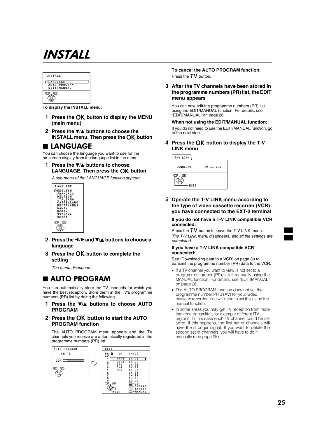 JVC AV28CT1EI, AV28CT1EK specifications Language, Press the abutton to start the Auto Program function 