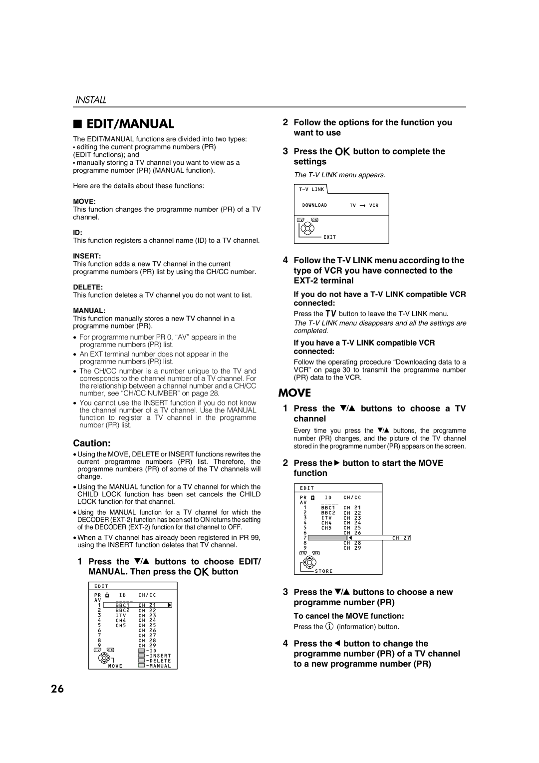 JVC AV28CT1EK, AV28CT1EI specifications Edit/Manual, To cancel the Move function 