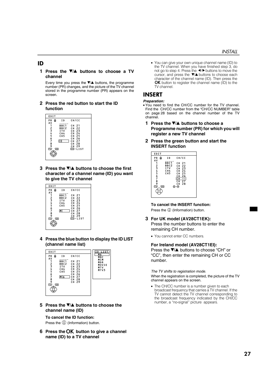 JVC AV28CT1EI specifications Press the abutton to give a channel name ID to a TV channel, For UK model AV28CT1EK 