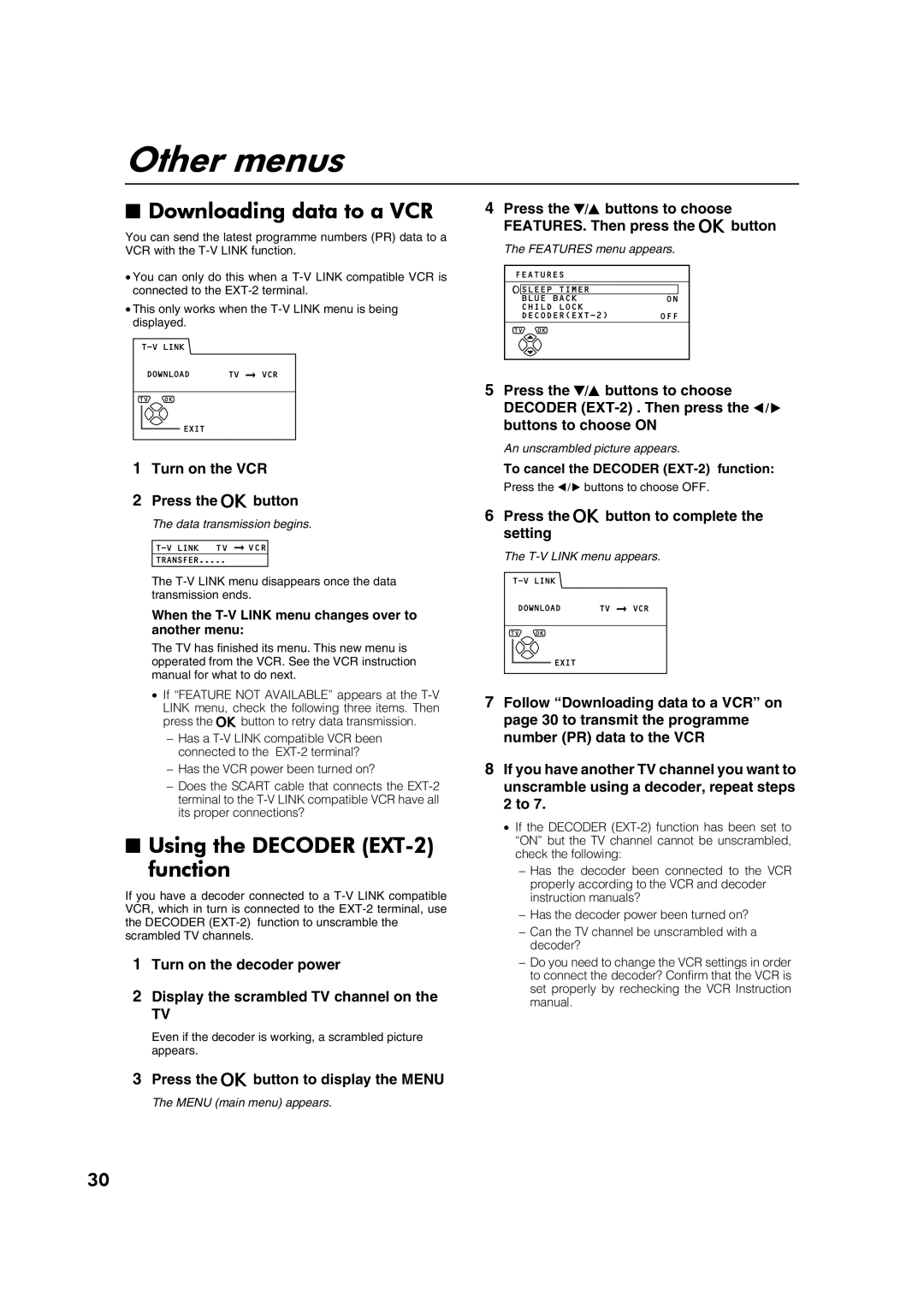 JVC AV28CT1EK Other menus, Downloading data to a VCR, Using the Decoder EXT-2 function, Turn on the VCR Press the abutton 