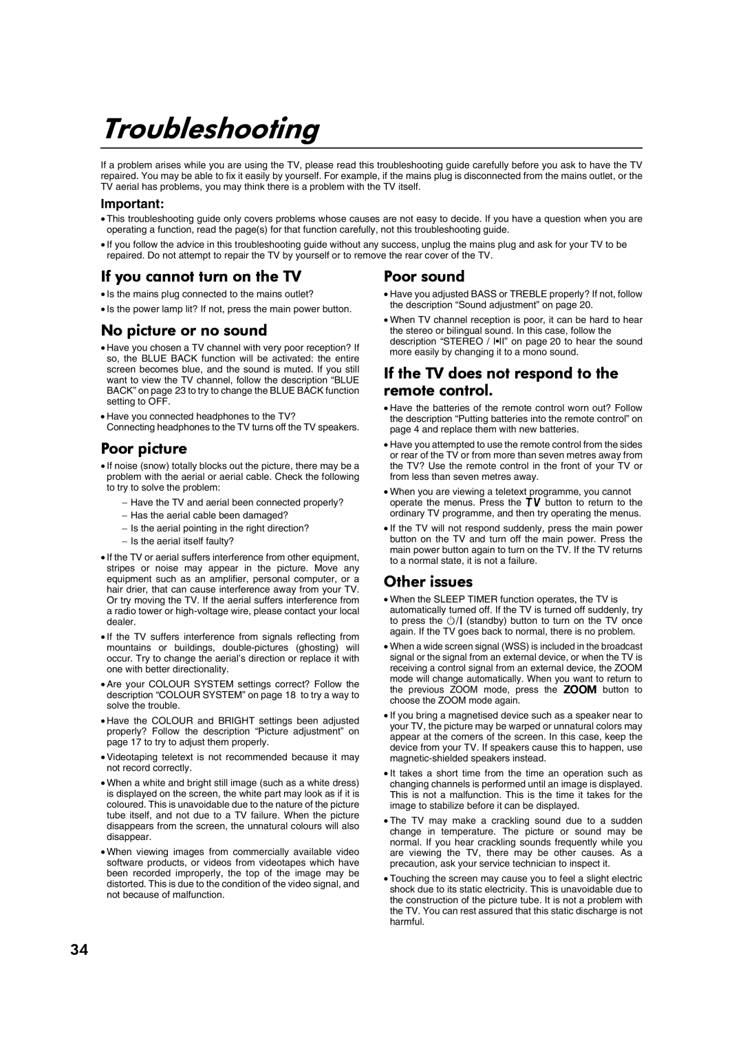 JVC AV28CT1EK, AV28CT1EI specifications Troubleshooting 