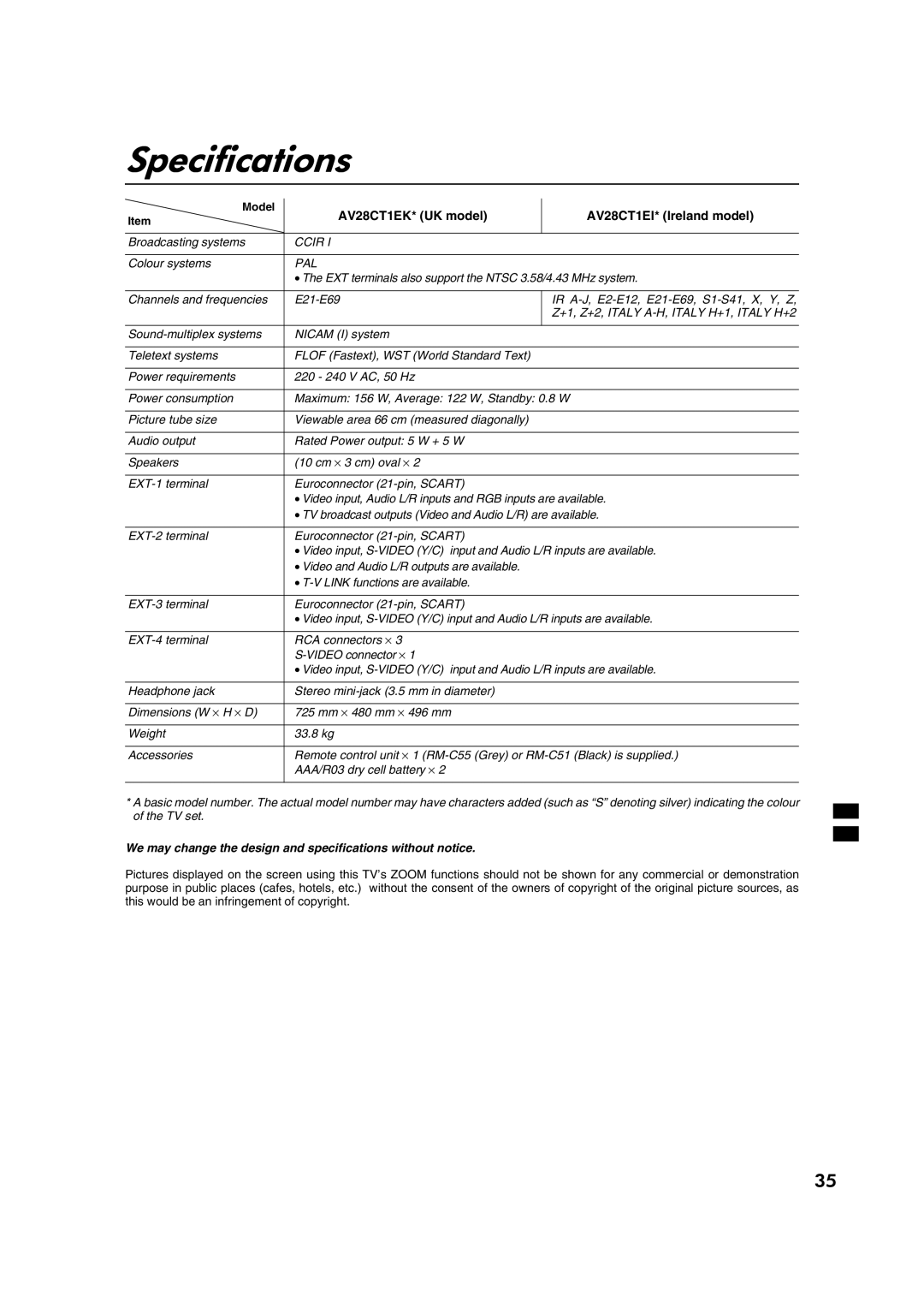 JVC specifications Specifications, AV28CT1EK* UK model AV28CT1EI* Ireland model 