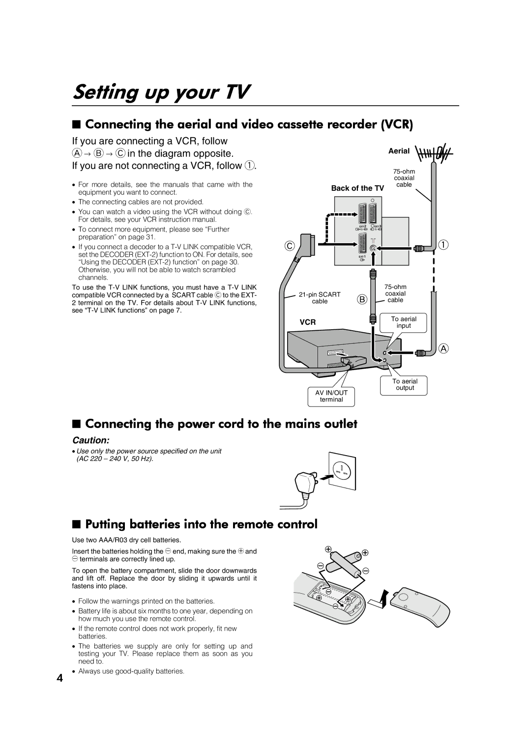 JVC AV28CT1EK, AV28CT1EI specifications Setting up your TV, Connecting the aerial and video cassette recorder VCR 