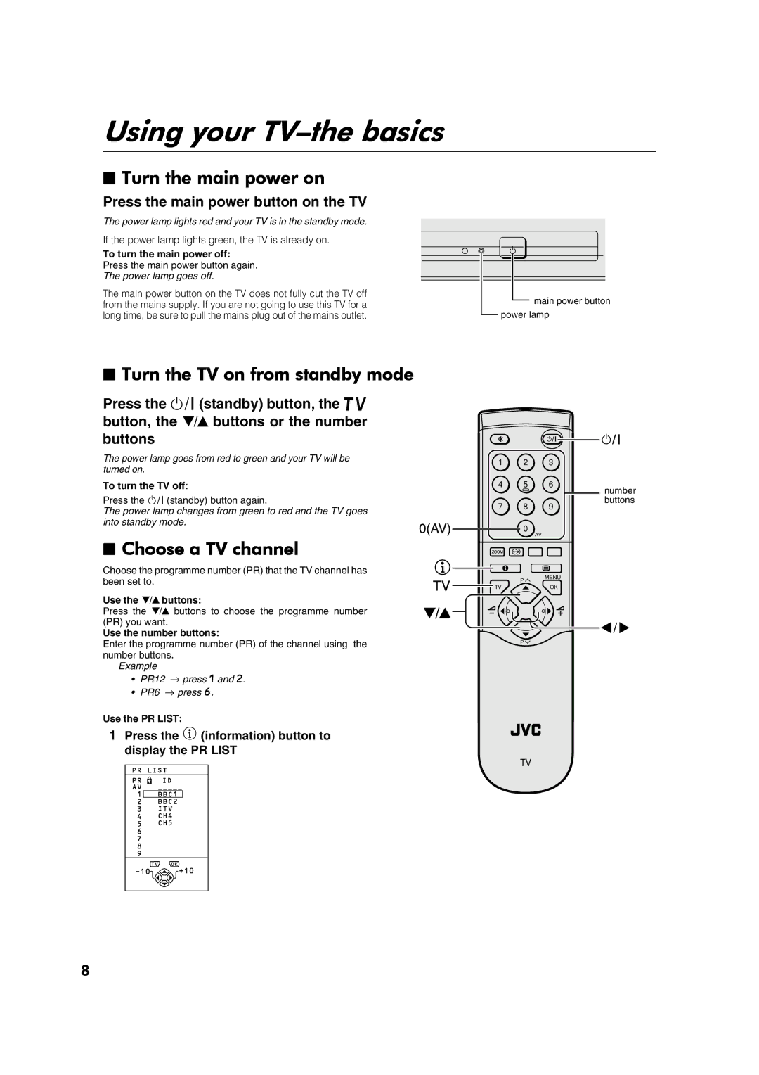 JVC AV28CT1EK Using your TV-the basics, Turn the main power on, Turn the TV on from standby mode, Choose a TV channel 