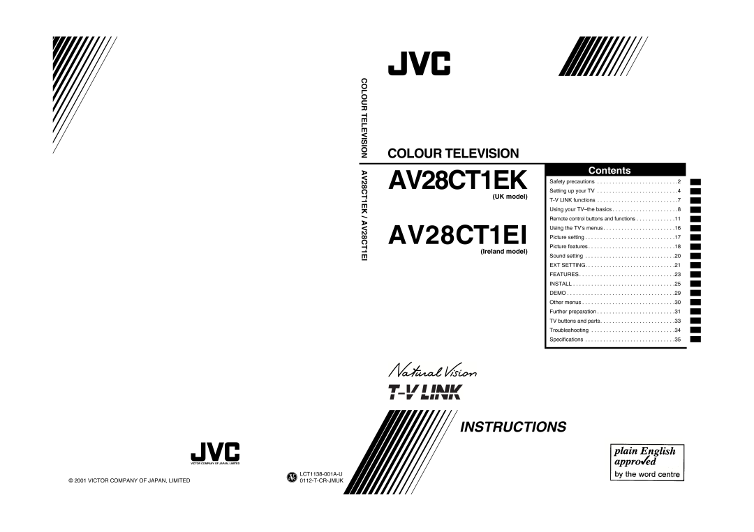 JVC specifications COLOUR TELEVISION AV28CT1EK / AV28CT1EI, UK model, Colour Television, Contents 