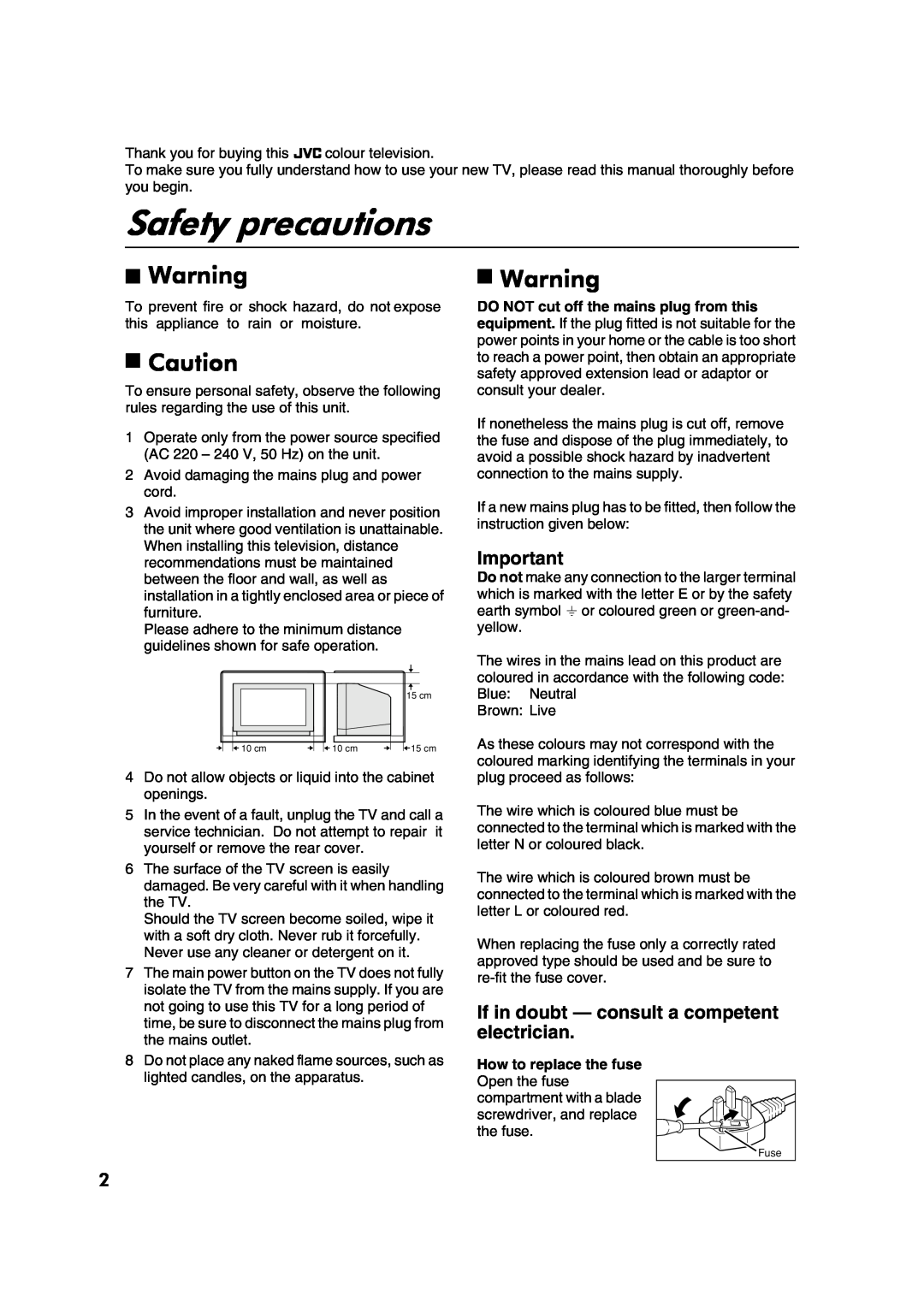 JVC AV28CT1EK, AV28CT1EI specifications Safety precautions, If in doubt - consult a competent electrician 