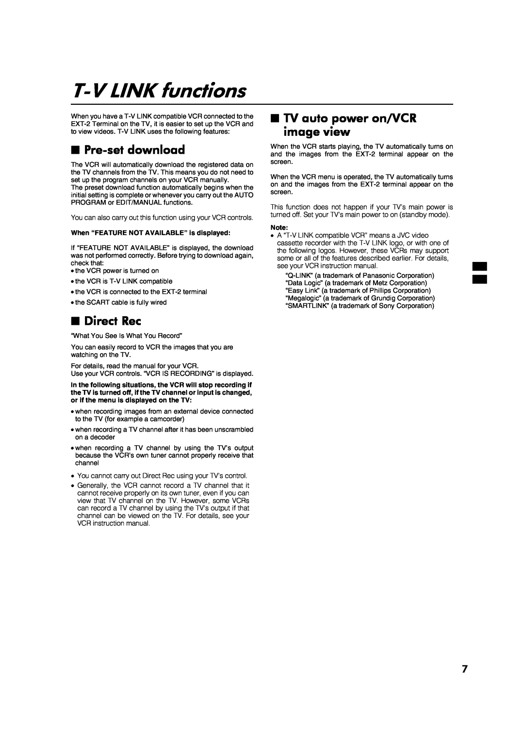 JVC AV28CT1EI, AV28CT1EK specifications T-V LINK functions, Pre-set download, Direct Rec, TV auto power on/VCR image view 