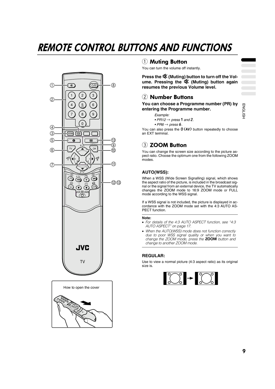 JVC AV28CT1EP manual Muting Button, Number Buttons, Zoom Button, Autowss, Regular 