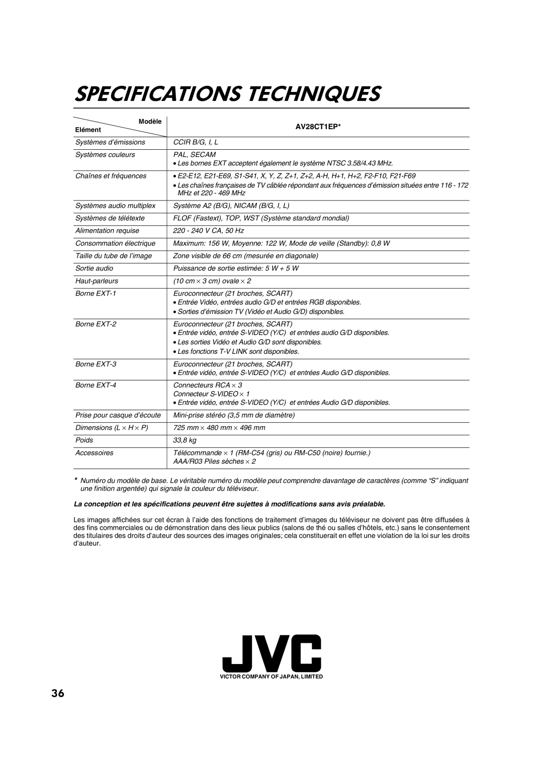 JVC AV28CT1EP manual Specifications Techniques, Modèle, Elément 