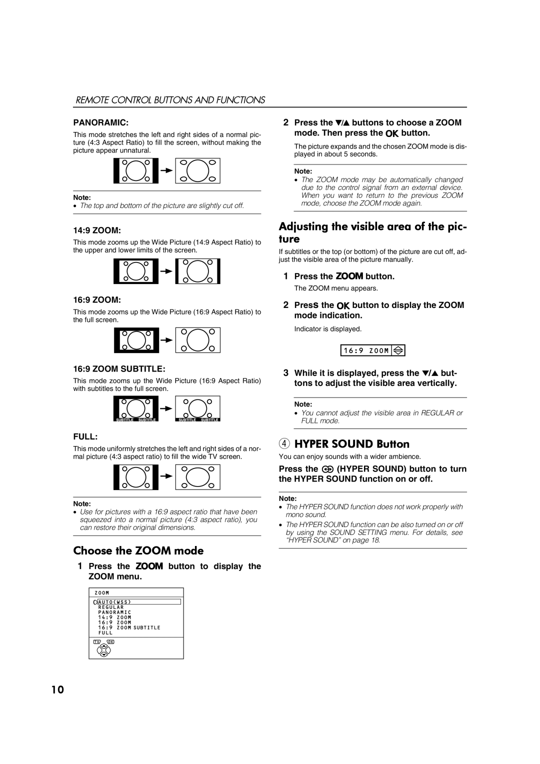 JVC AV28CT1EP manual Choose the Zoom mode, Adjusting the visible area of the pic- ture, Hyper Sound Button 