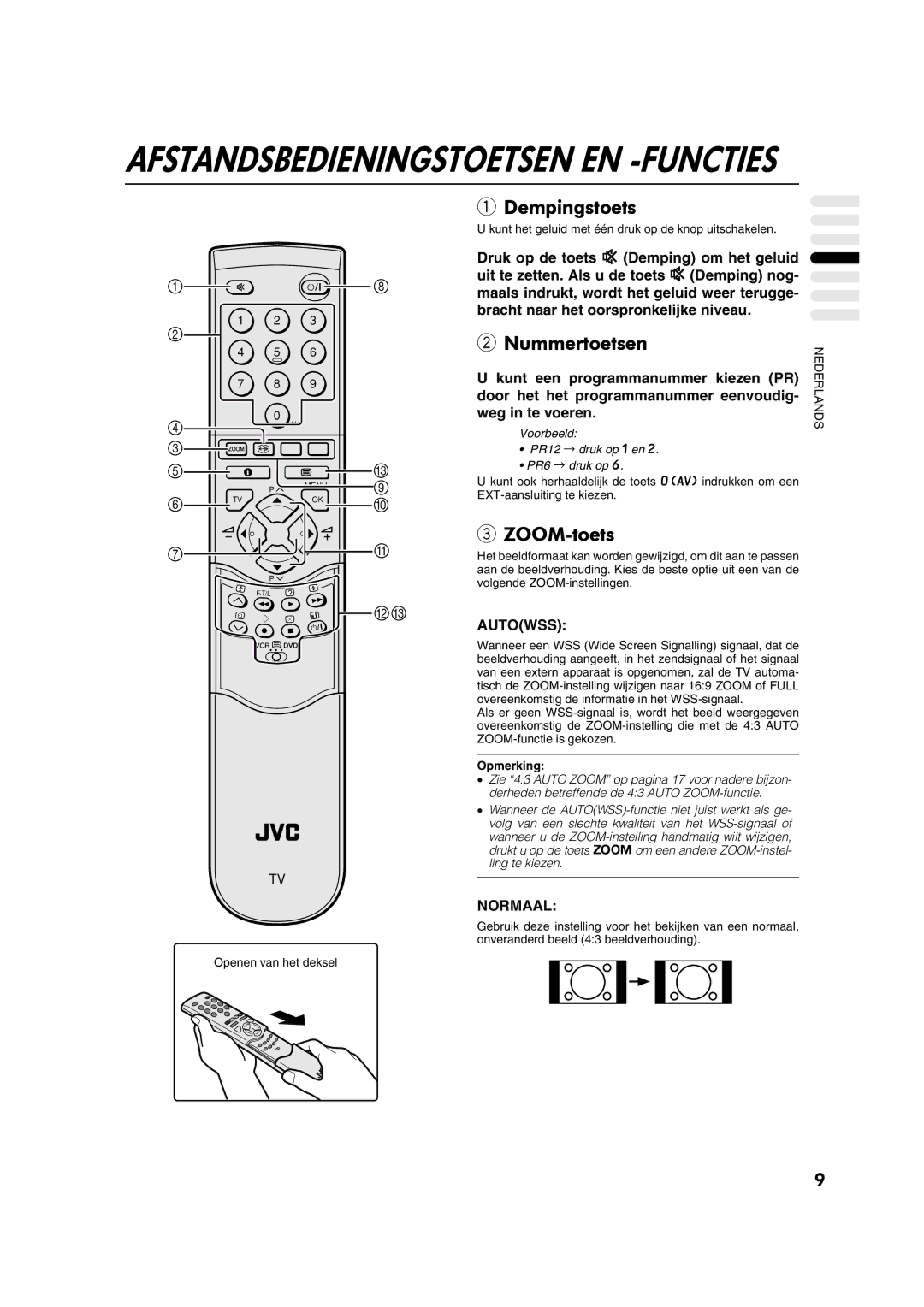 JVC AV28CT1EP manual Dempingstoets, Nummertoetsen, ZOOM-toets, Normaal 