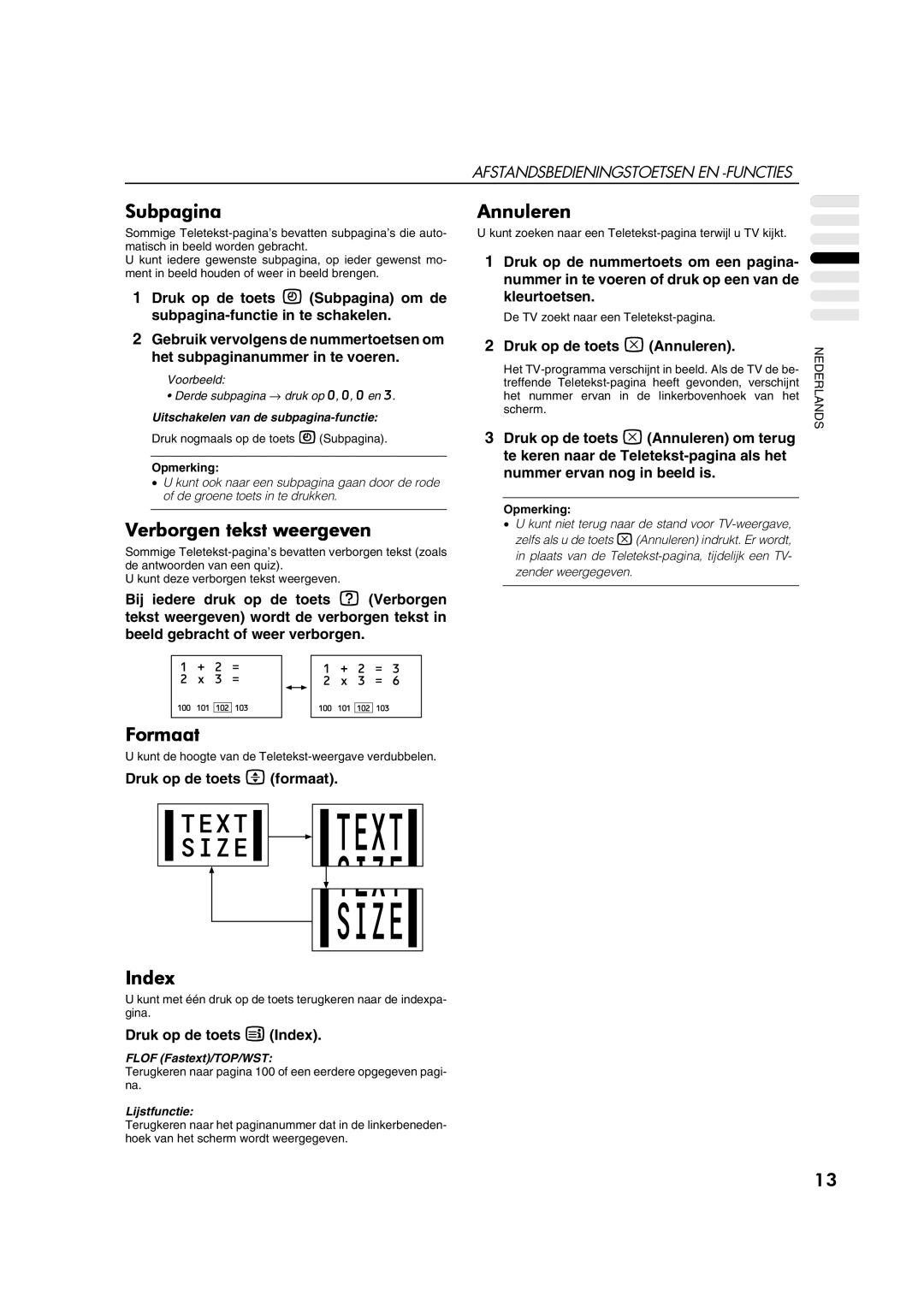 JVC AV28CT1EP manual Subpagina, Annuleren, Verborgen tekst weergeven, Formaat 